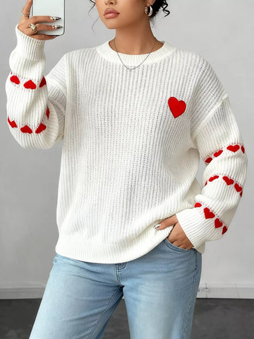 Heart Pattern Round Neck Sweater designed for comfort and style at Lookzlike