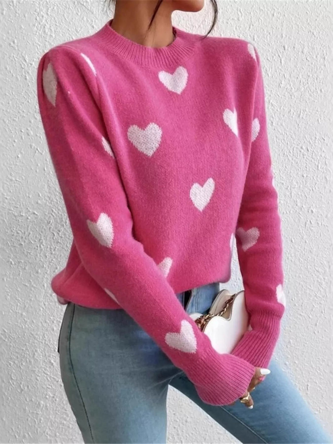 Heart Pattern Round Neck Sweater designed for comfort and style at Lookzlike