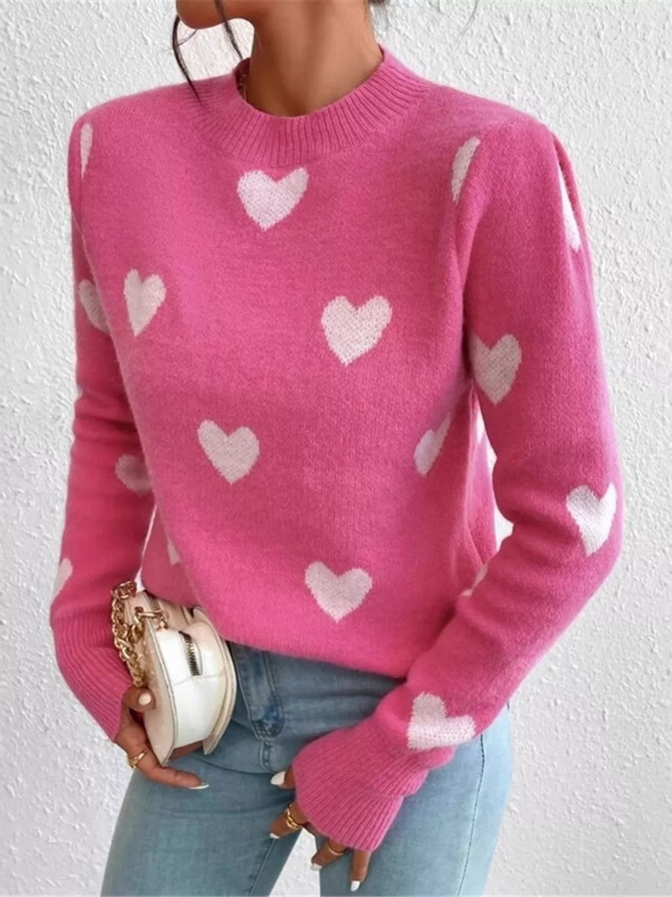 Heart Pattern Round Neck Sweater designed for comfort and style at Lookzlike