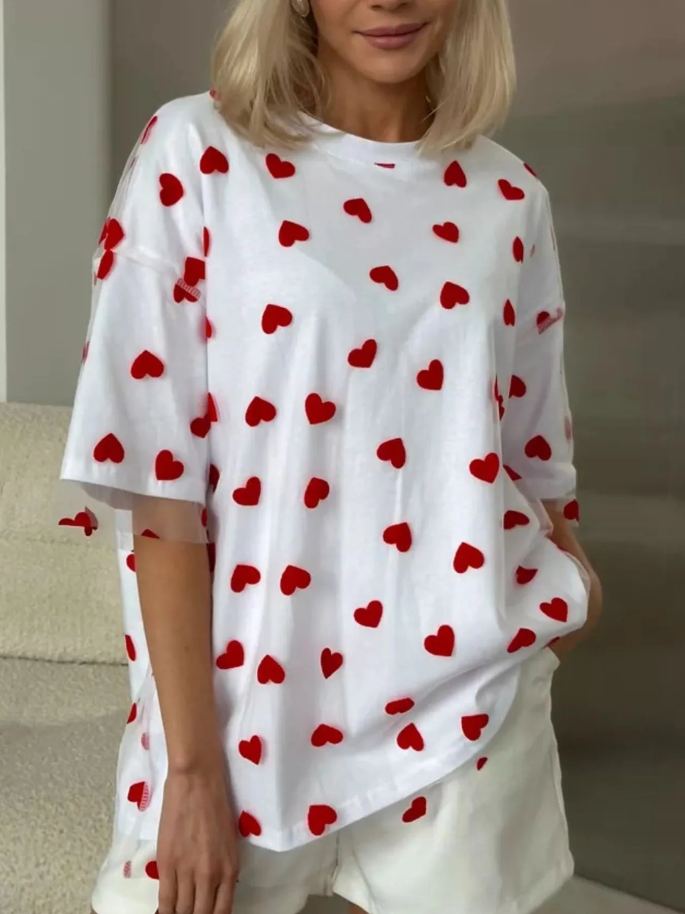 Heart Print Oversized T-Shirt - Lookzlike