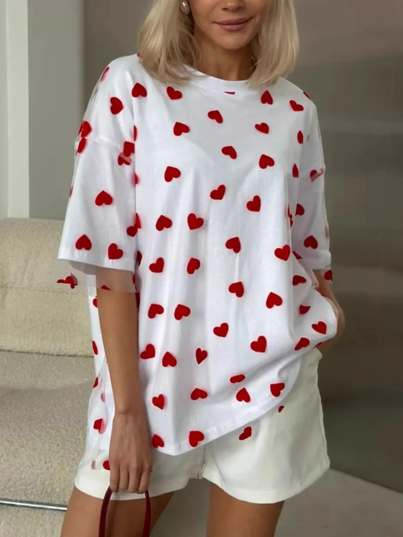 Heart Print Oversized T-Shirt - Lookzlike