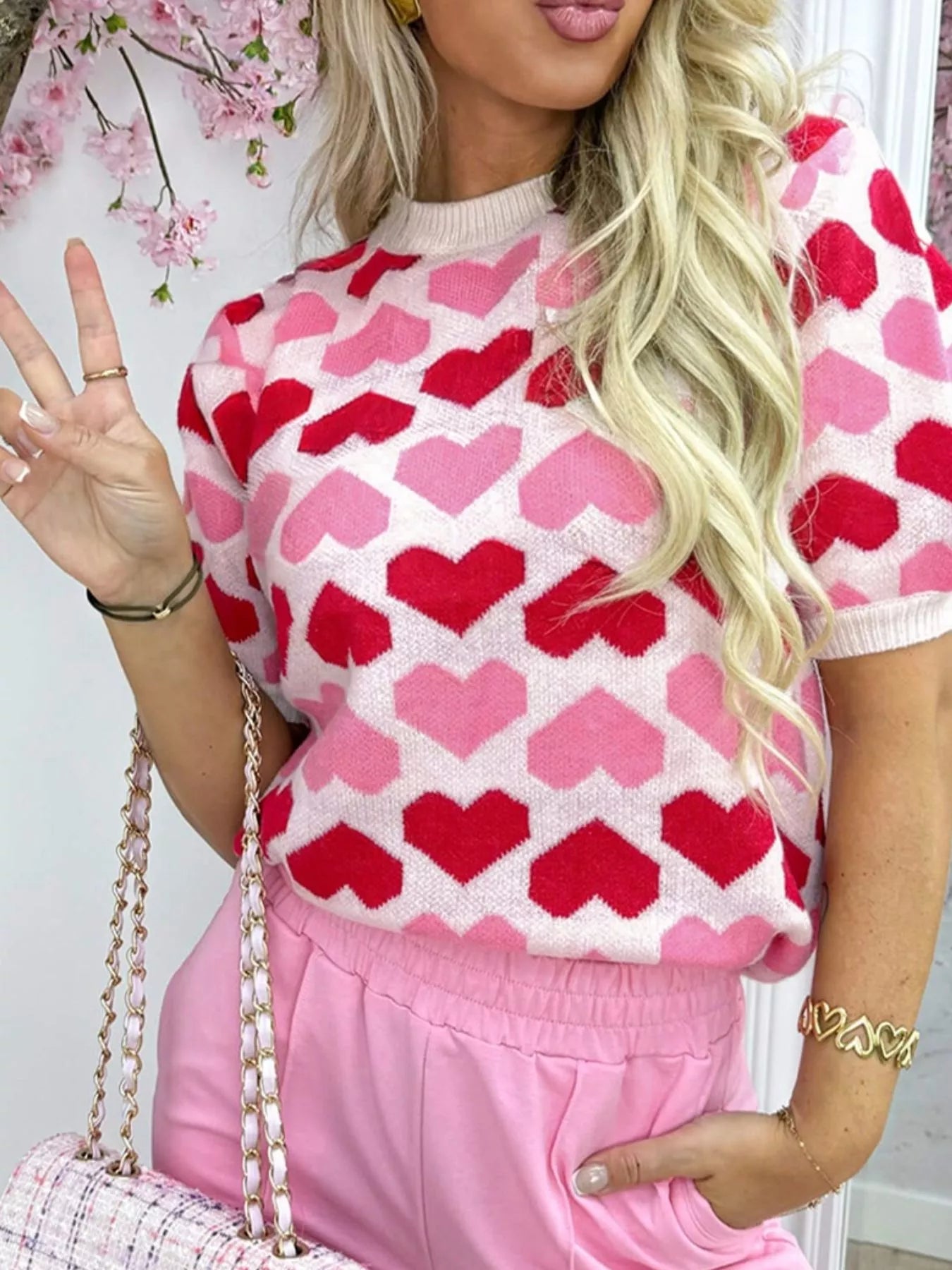 Heart Print Short Sleeve Sweater designed for comfort and style at Lookzlike