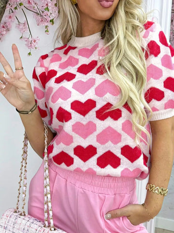 Heart Print Short Sleeve Sweater designed for comfort and style at Lookzlike