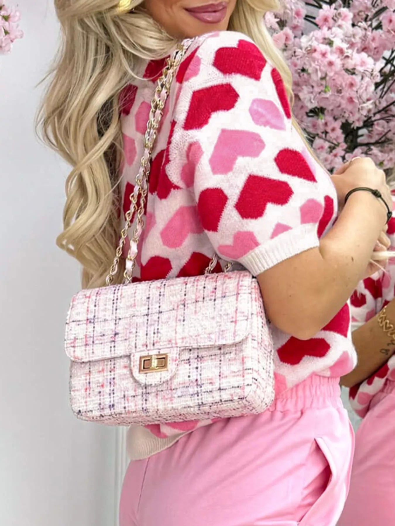 Heart Print Short Sleeve Sweater designed for comfort and style at Lookzlike