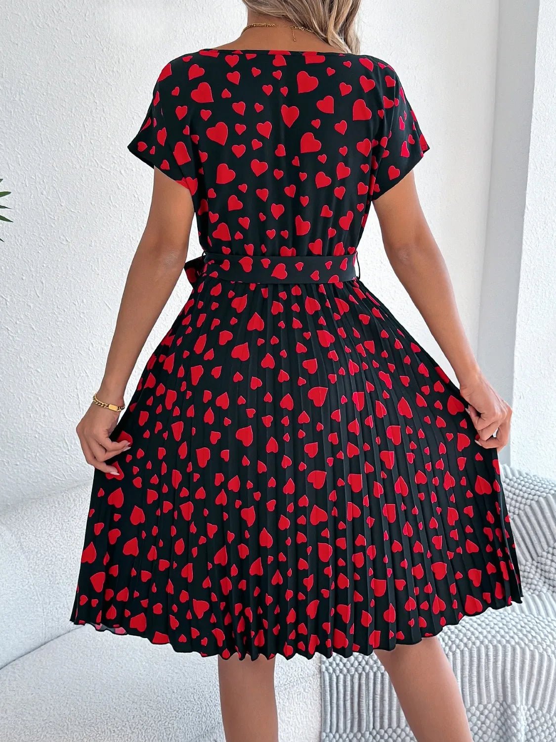 Heart Print Short Sleeve Tie Waist Dress designed for comfort and style at Lookzlike
