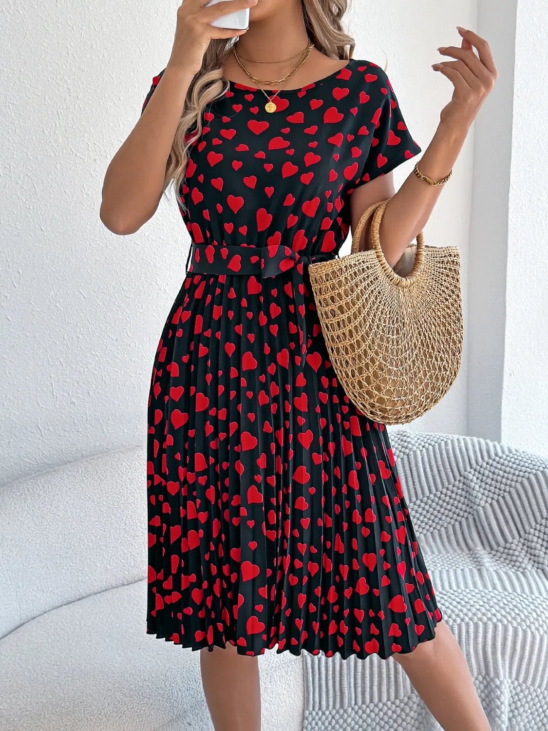 Heart Print Short Sleeve Tie Waist Dress designed for comfort and style at Lookzlike