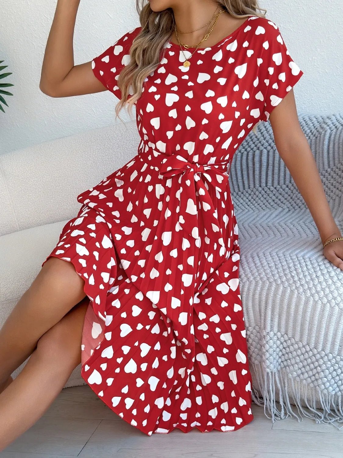 Heart Print Short Sleeve Tie Waist Dress designed for comfort and style at Lookzlike