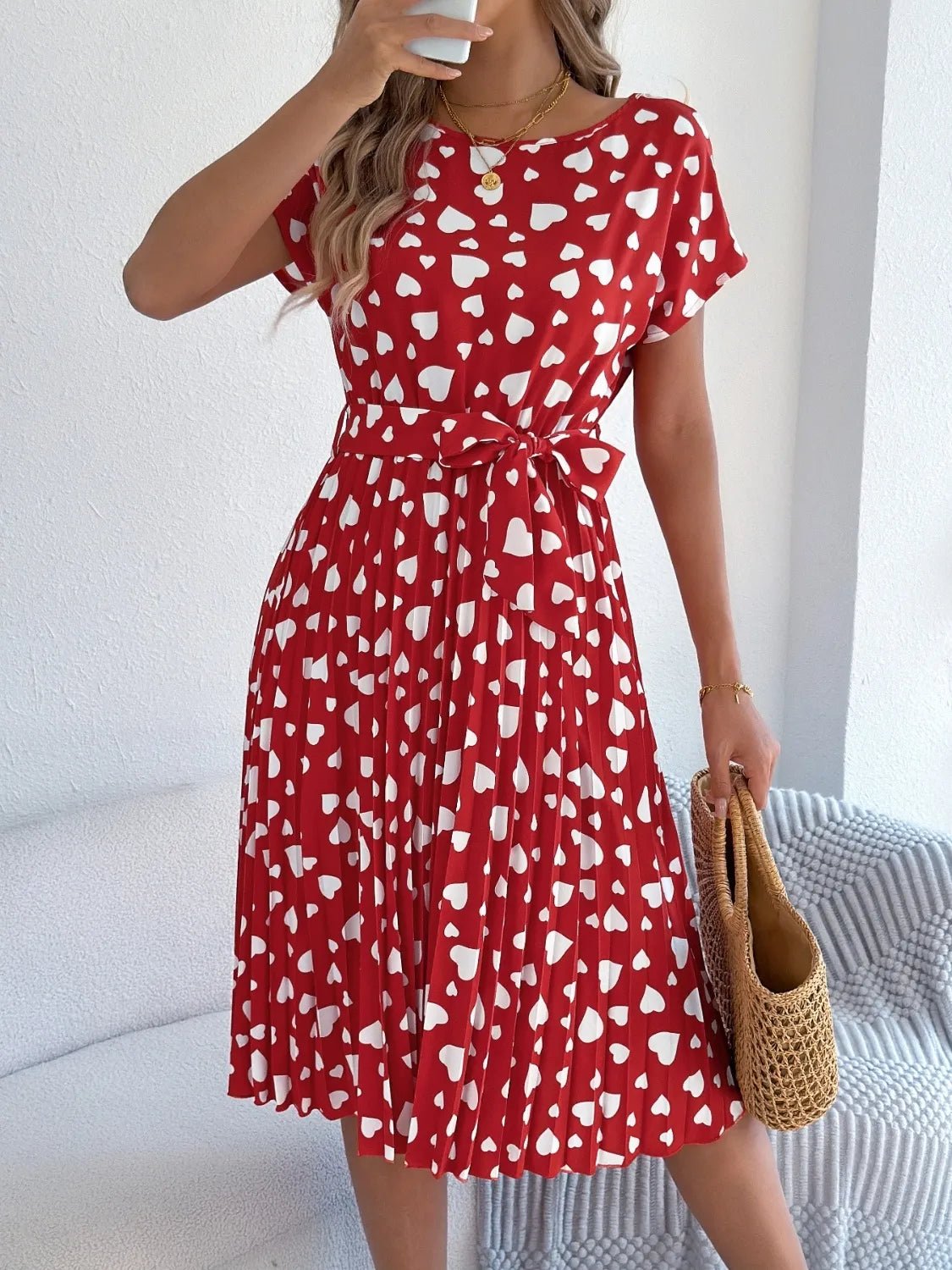 Heart Print Short Sleeve Tie Waist Dress designed for comfort and style at Lookzlike