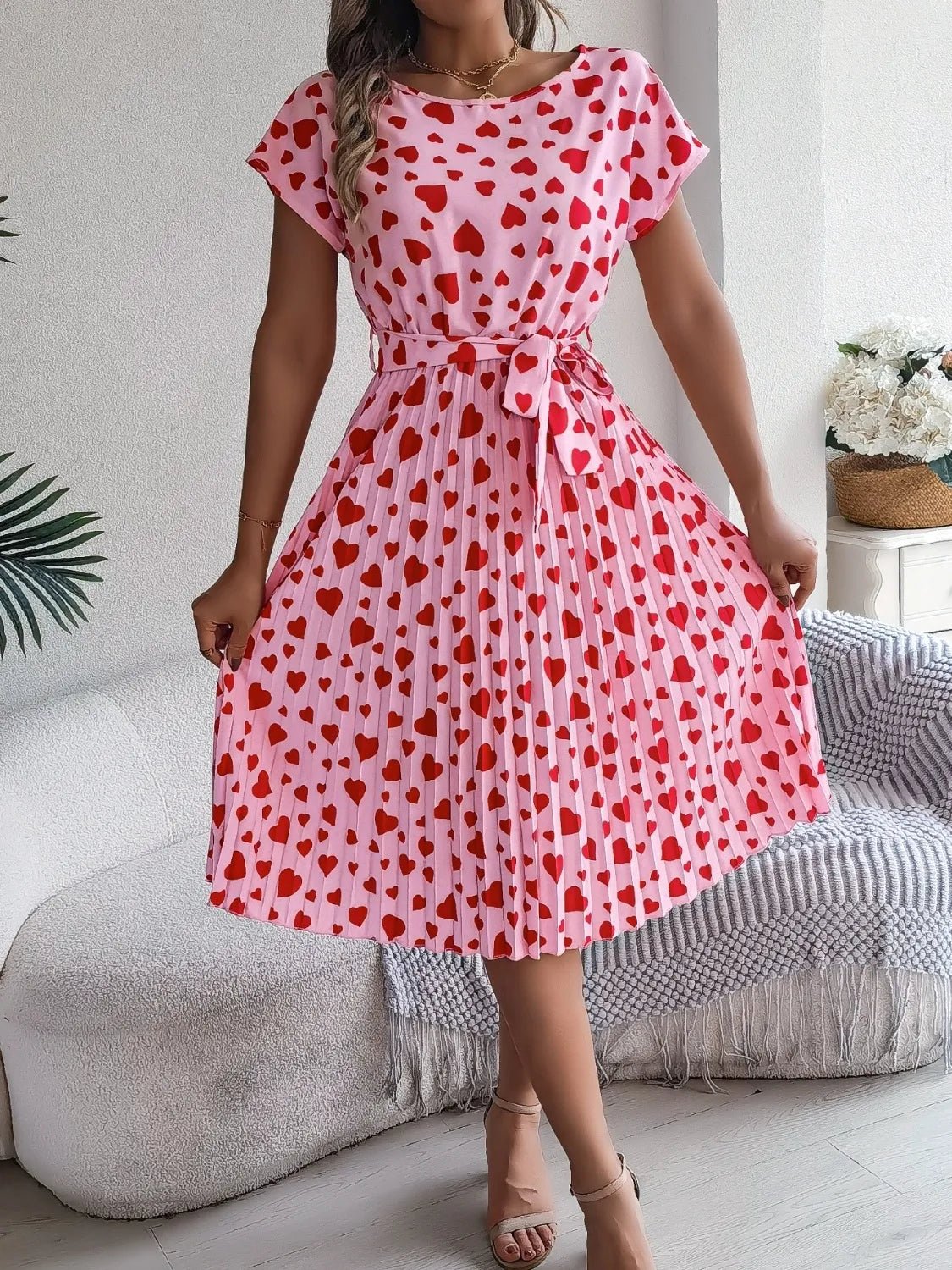 Heart Print Short Sleeve Tie Waist Dress designed for comfort and style at Lookzlike
