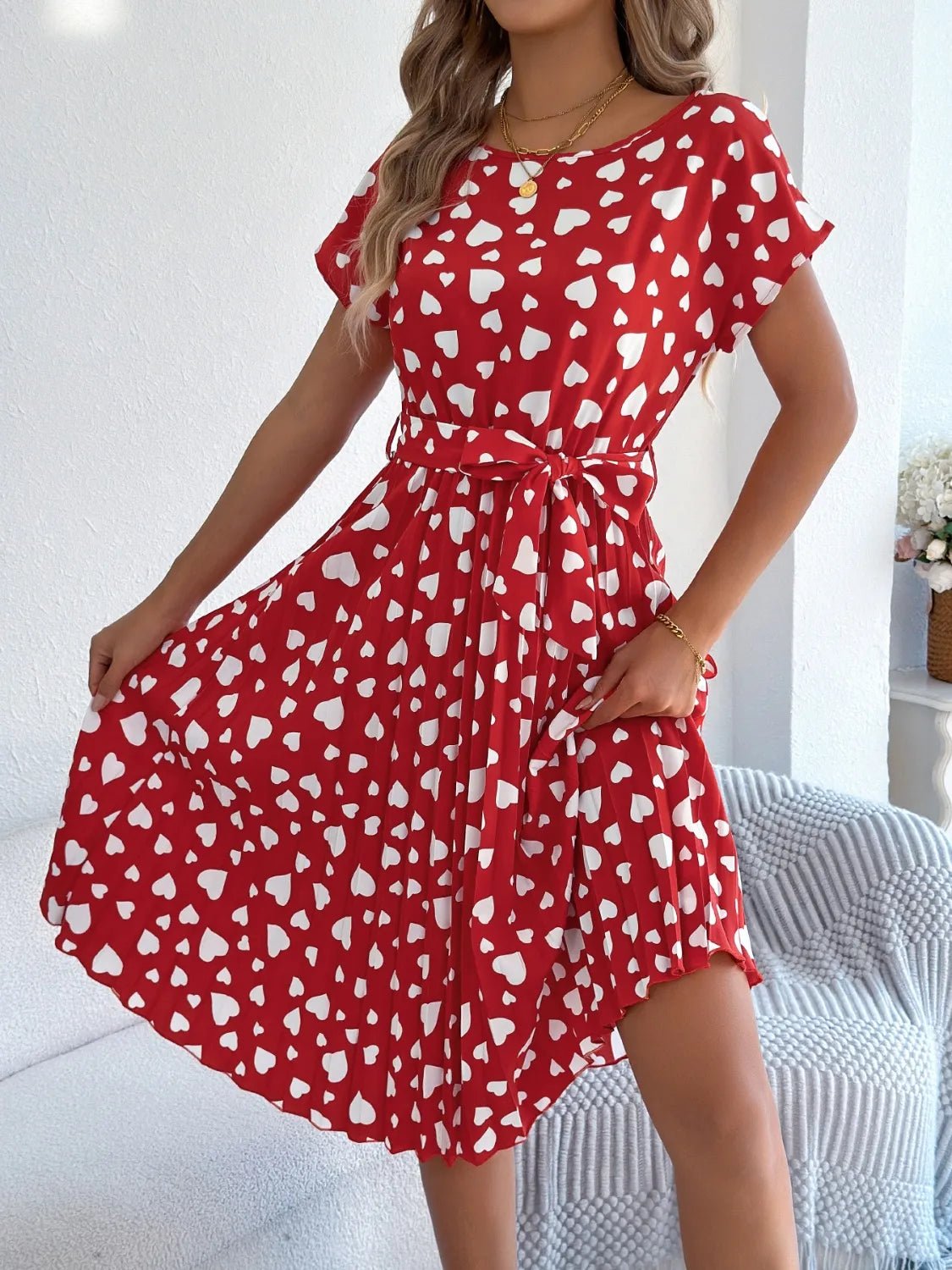Heart Print Short Sleeve Tie Waist Dress designed for comfort and style at Lookzlike