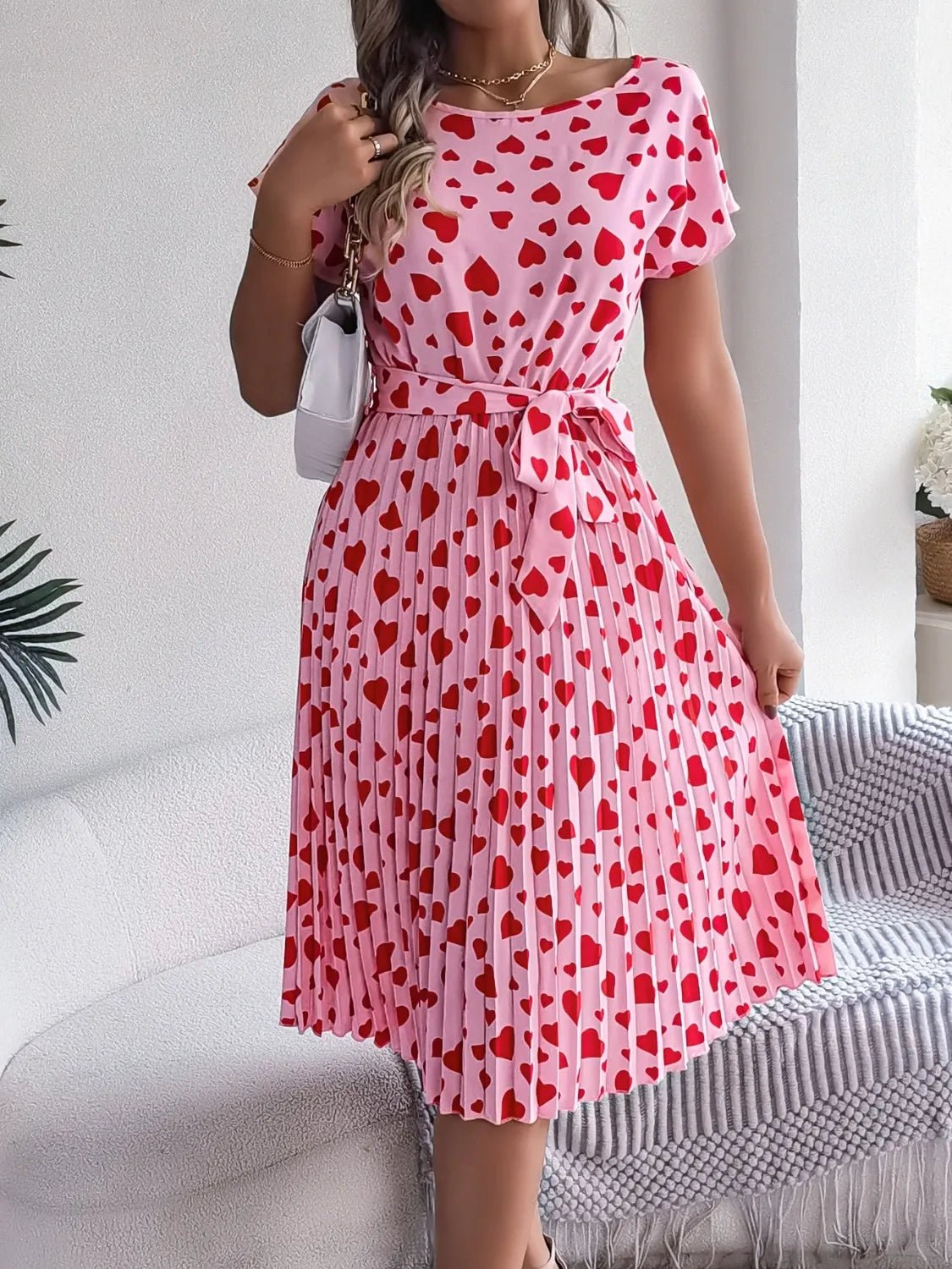 Heart Print Short Sleeve Tie Waist Dress designed for comfort and style at Lookzlike