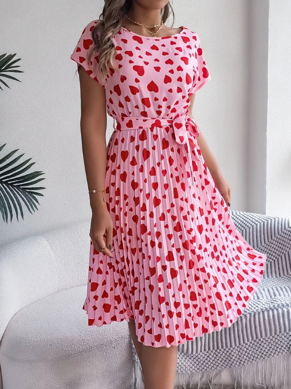 Heart Print Short Sleeve Tie Waist Dress designed for comfort and style at Lookzlike