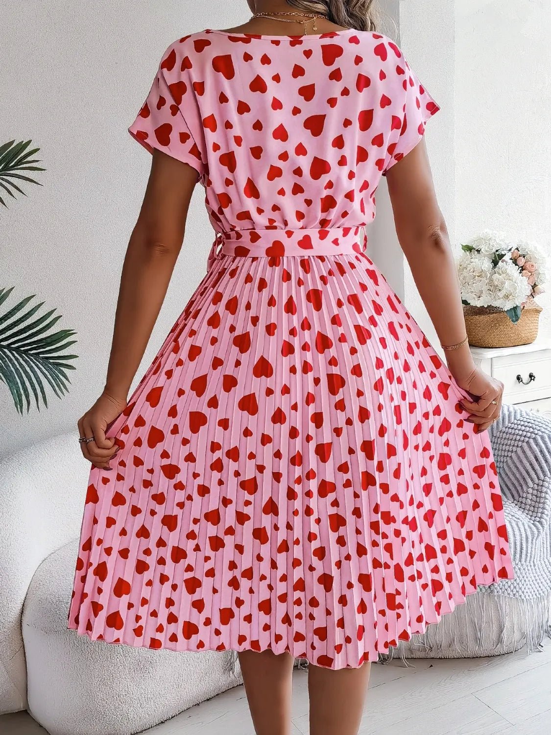 Heart Print Short Sleeve Tie Waist Dress designed for comfort and style at Lookzlike