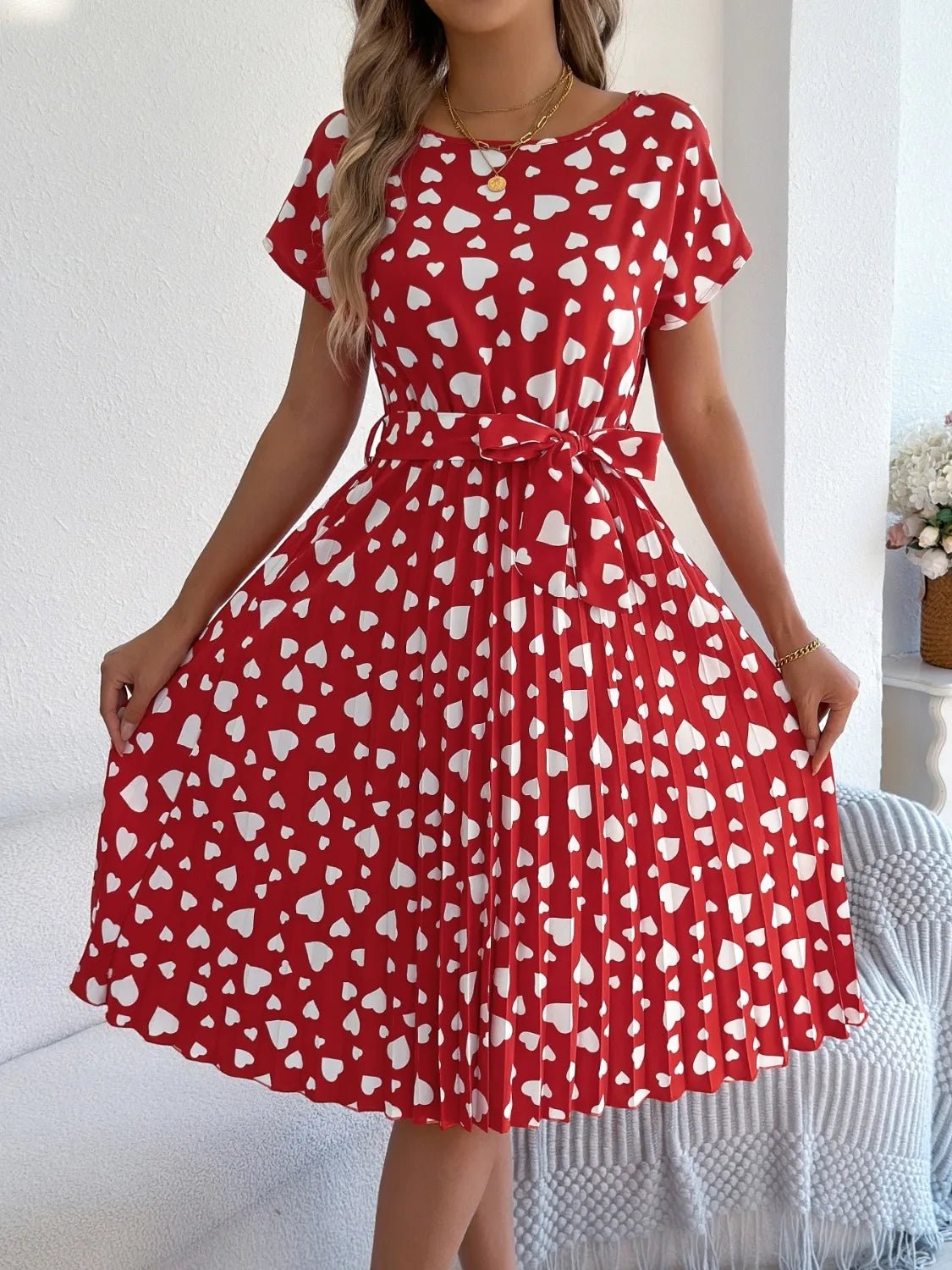 Heart Print Short Sleeve Tie Waist Dress designed for comfort and style at Lookzlike