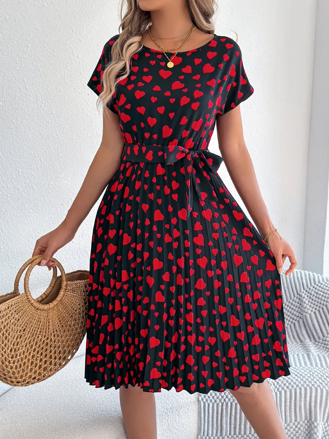 Heart Print Short Sleeve Tie Waist Dress designed for comfort and style at Lookzlike