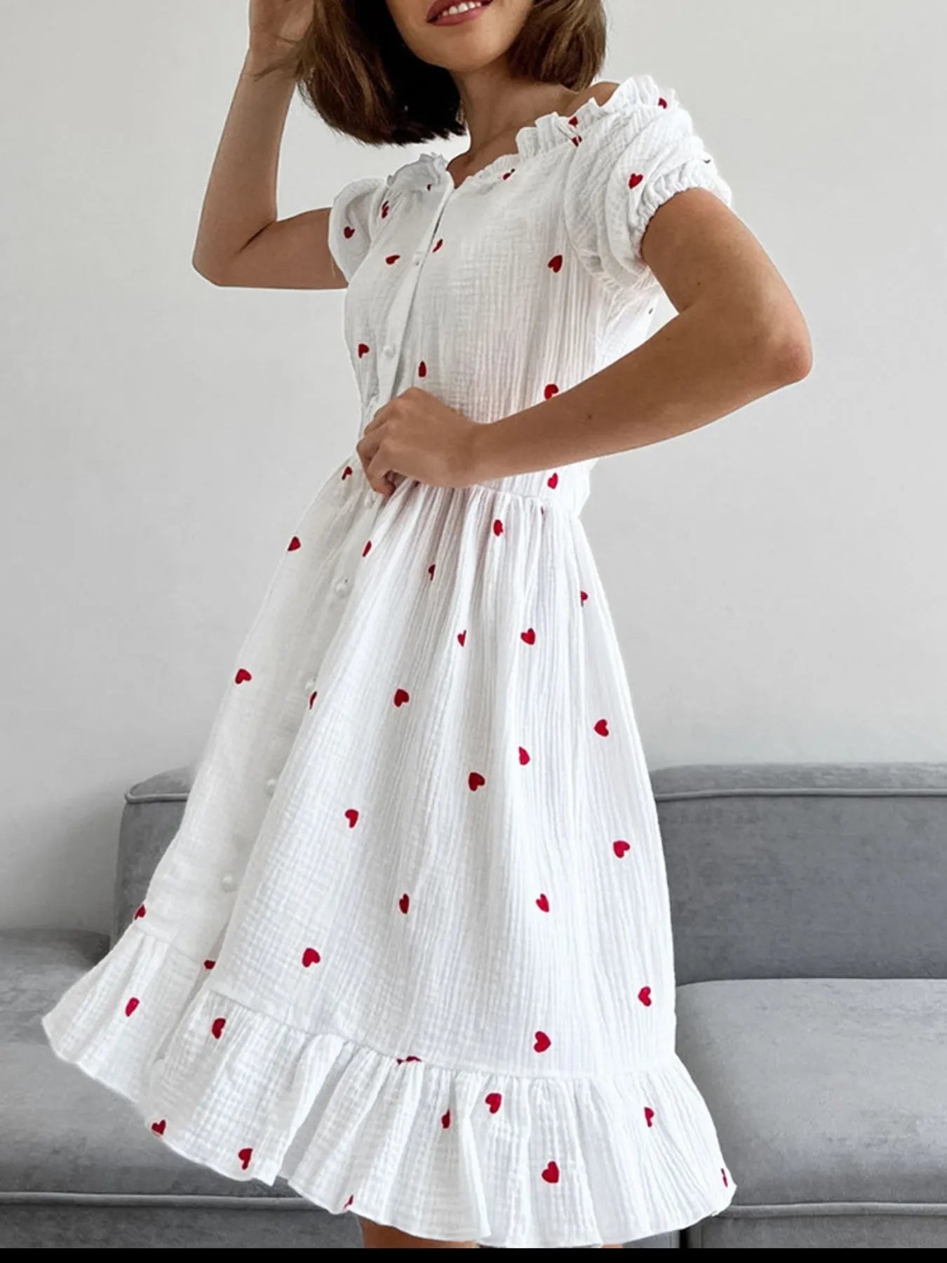 Heart Printed Off-Shoulder Ruffle Mini Dress designed for comfort and style at Lookzlike