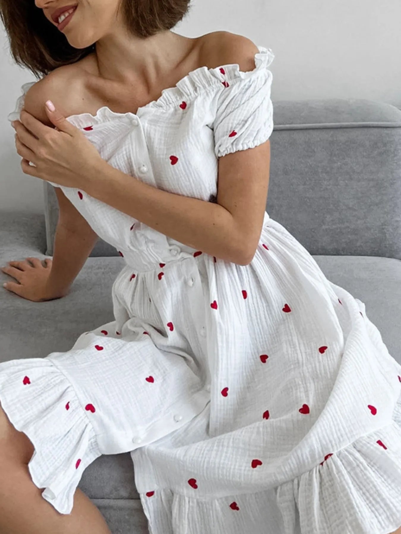 Heart Printed Off-Shoulder Ruffle Mini Dress designed for comfort and style at Lookzlike