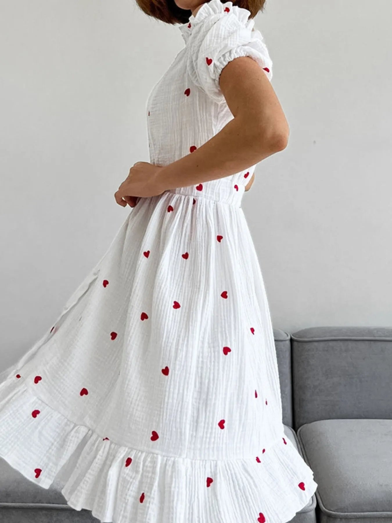 Heart Printed Off-Shoulder Ruffle Mini Dress designed for comfort and style at Lookzlike