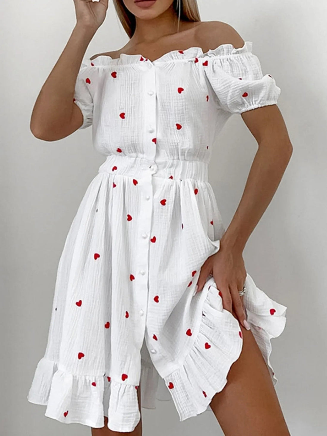 Heart Printed Off-Shoulder Ruffle Mini Dress designed for comfort and style at Lookzlike