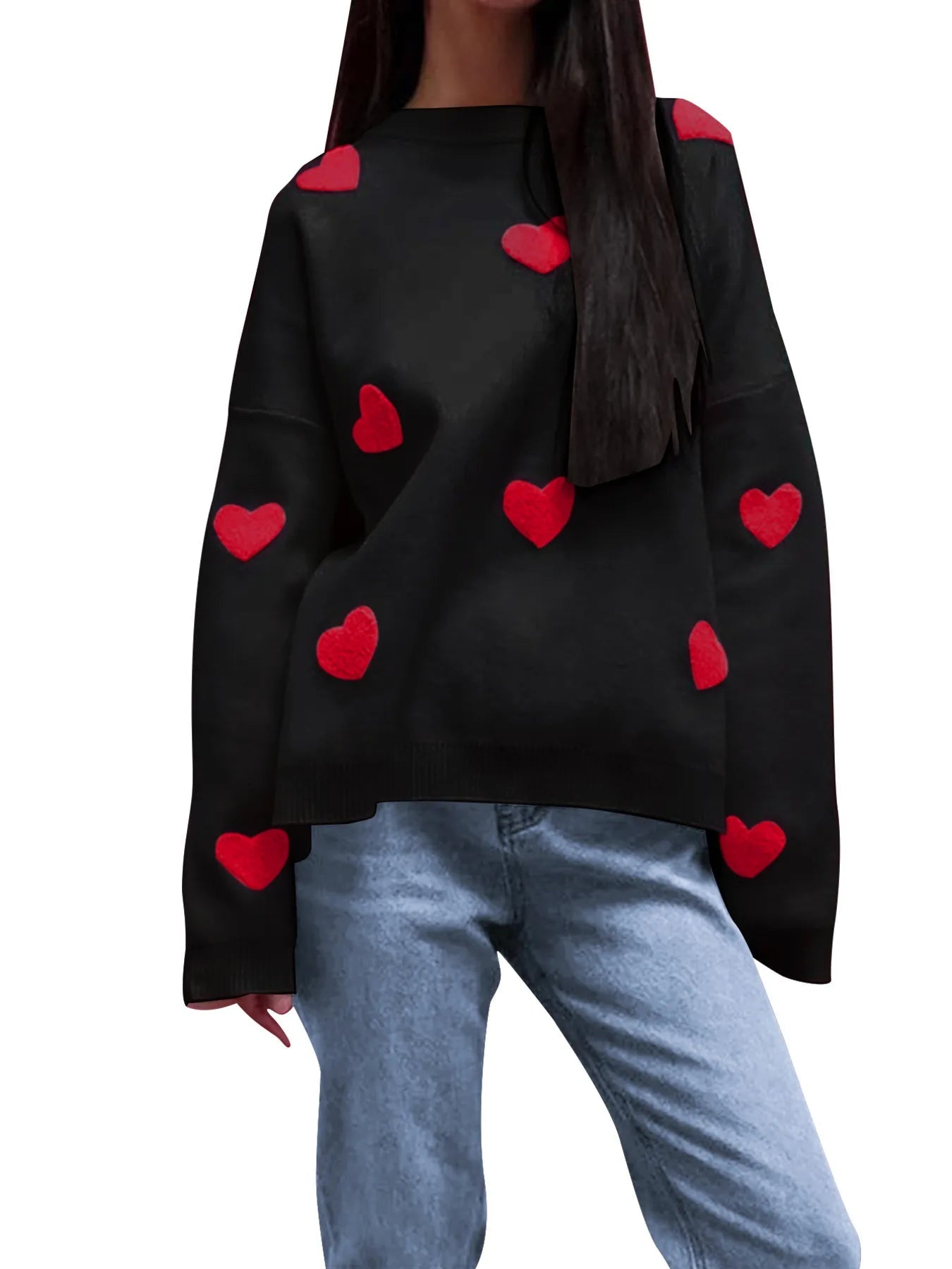 Heart Round Neck Long Sleeve Sweater designed for comfort and style at Lookzlike