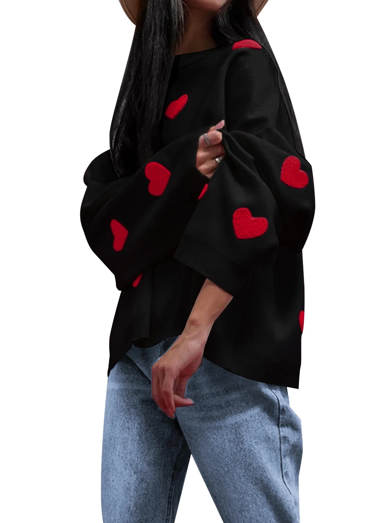 Heart Round Neck Long Sleeve Sweater designed for comfort and style at Lookzlike