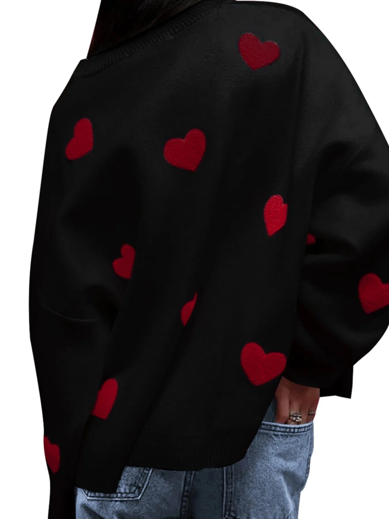 Heart Round Neck Long Sleeve Sweater designed for comfort and style at Lookzlike