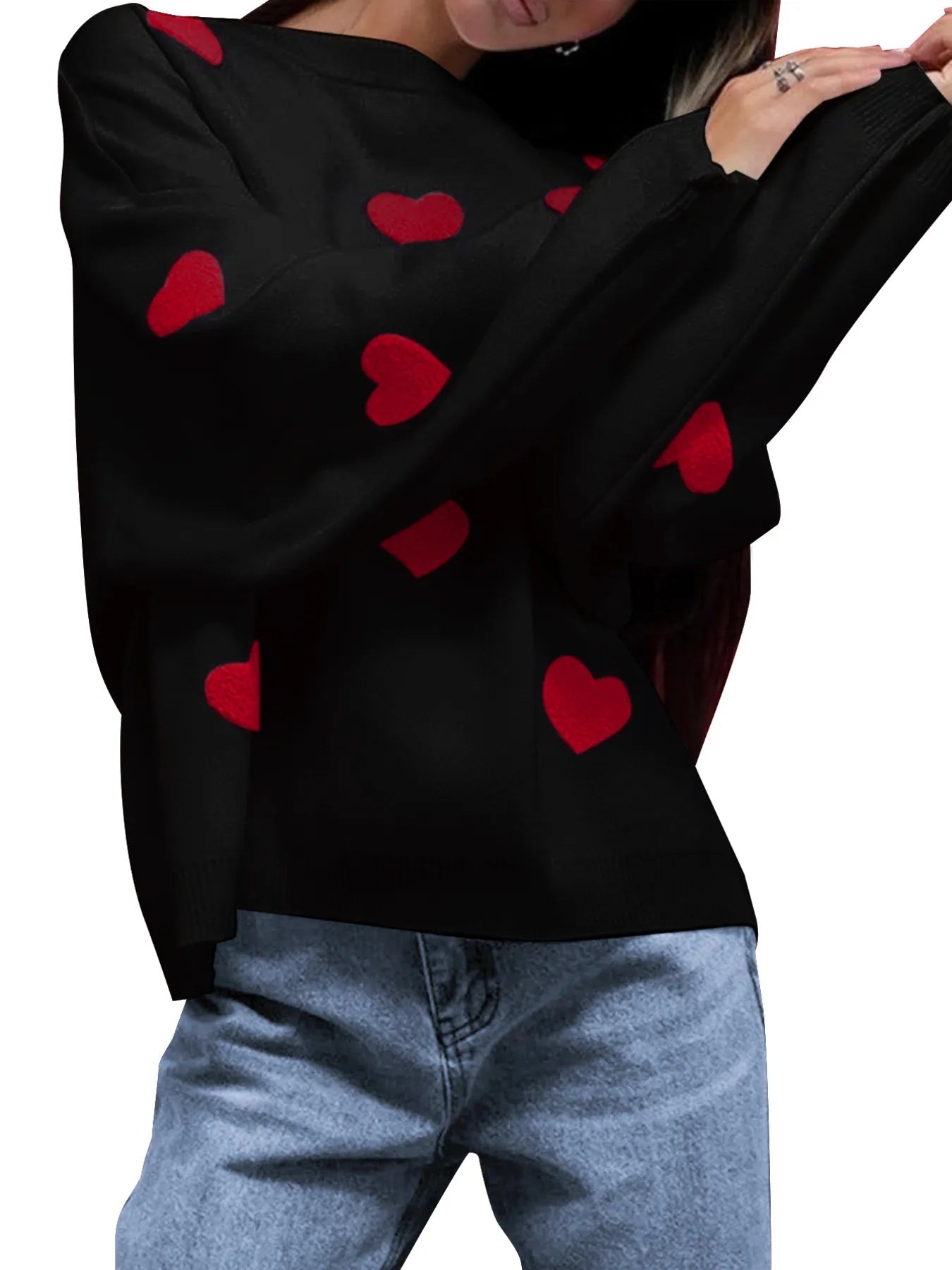 Heart Round Neck Long Sleeve Sweater designed for comfort and style at Lookzlike