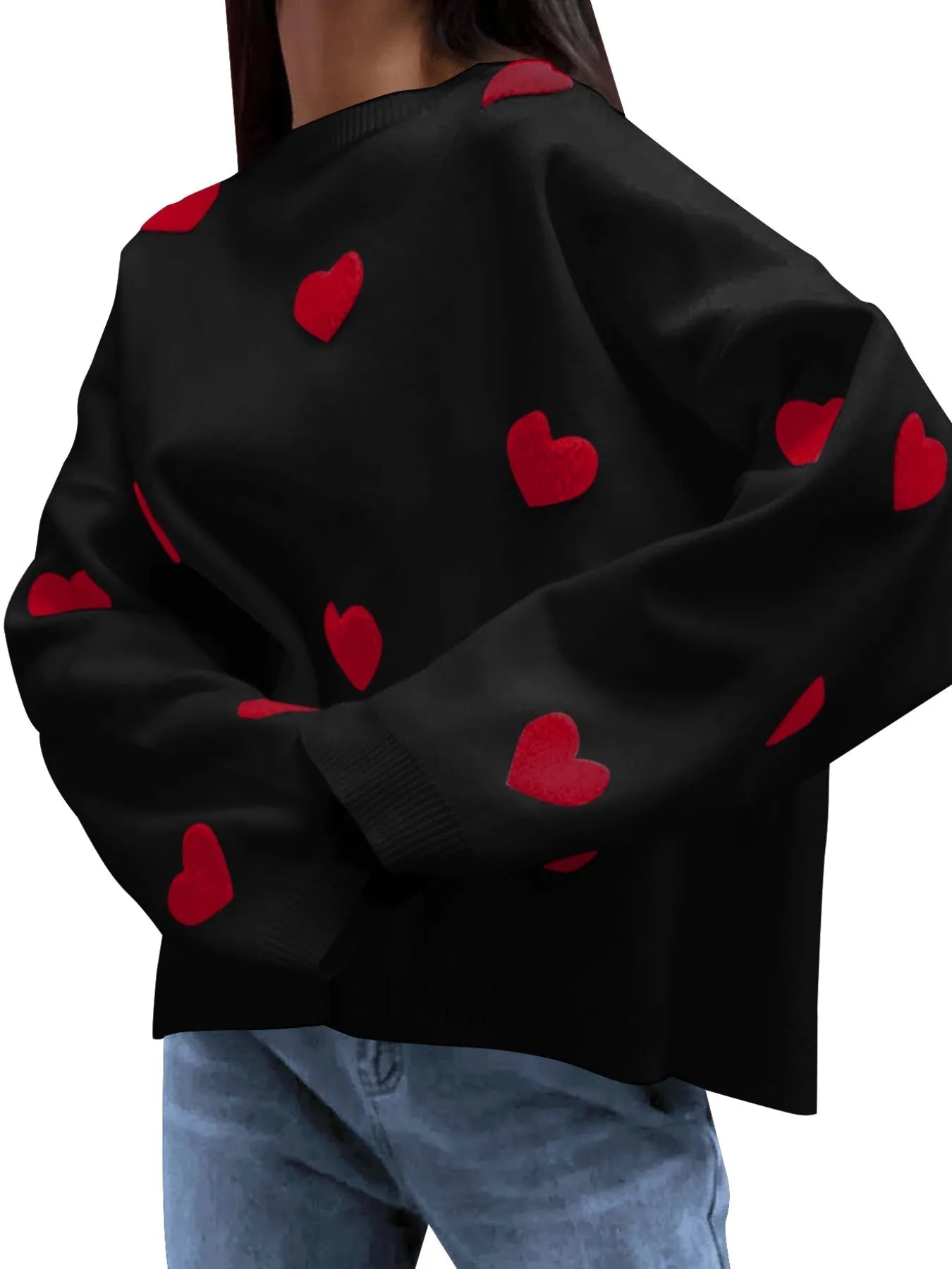 Heart Round Neck Long Sleeve Sweater designed for comfort and style at Lookzlike