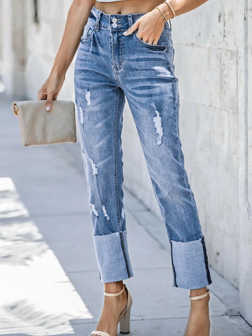 High Waist Distressed Straight Leg Jeans designed for comfort and style at Lookzlike