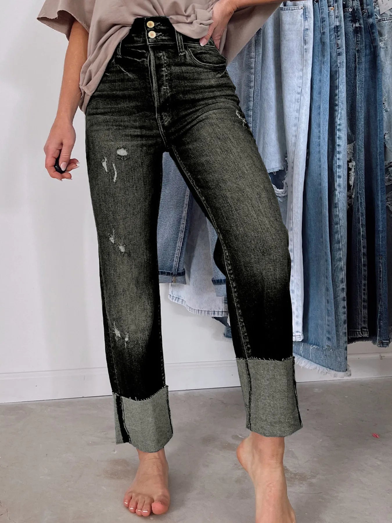 High Waist Distressed Straight Leg Jeans designed for comfort and style at Lookzlike