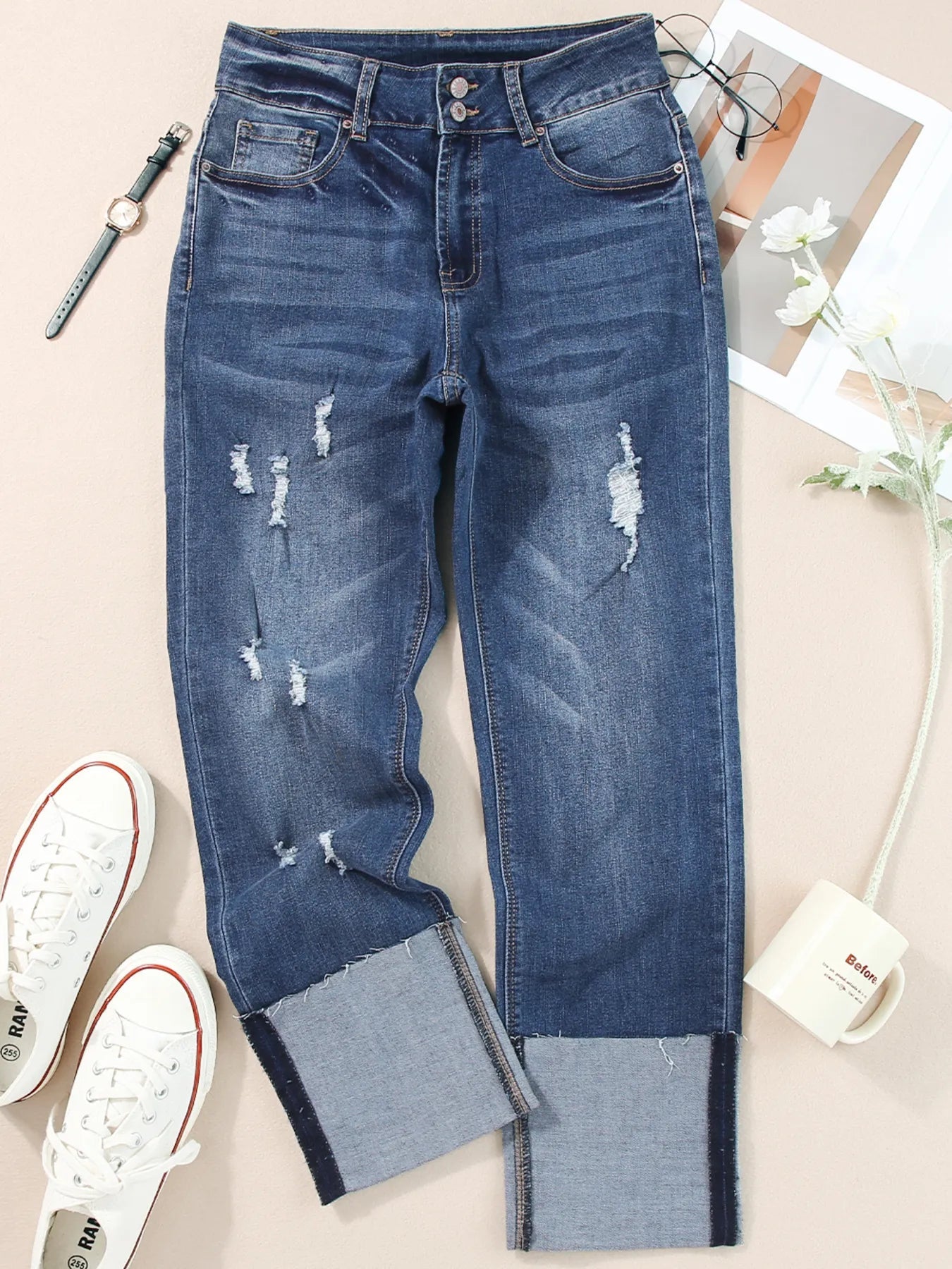 High Waist Distressed Straight Leg Jeans designed for comfort and style at Lookzlike