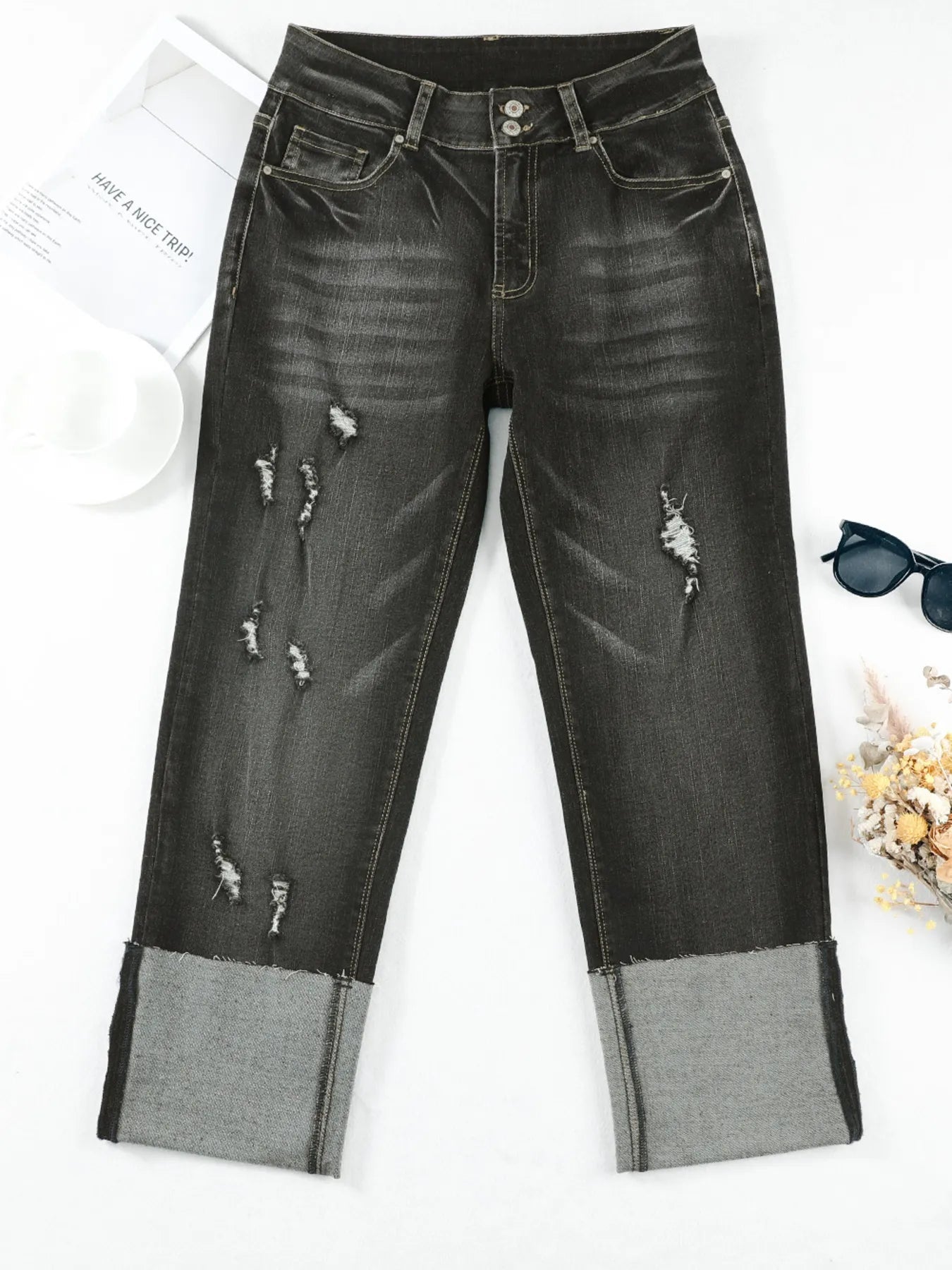 High Waist Distressed Straight Leg Jeans designed for comfort and style at Lookzlike