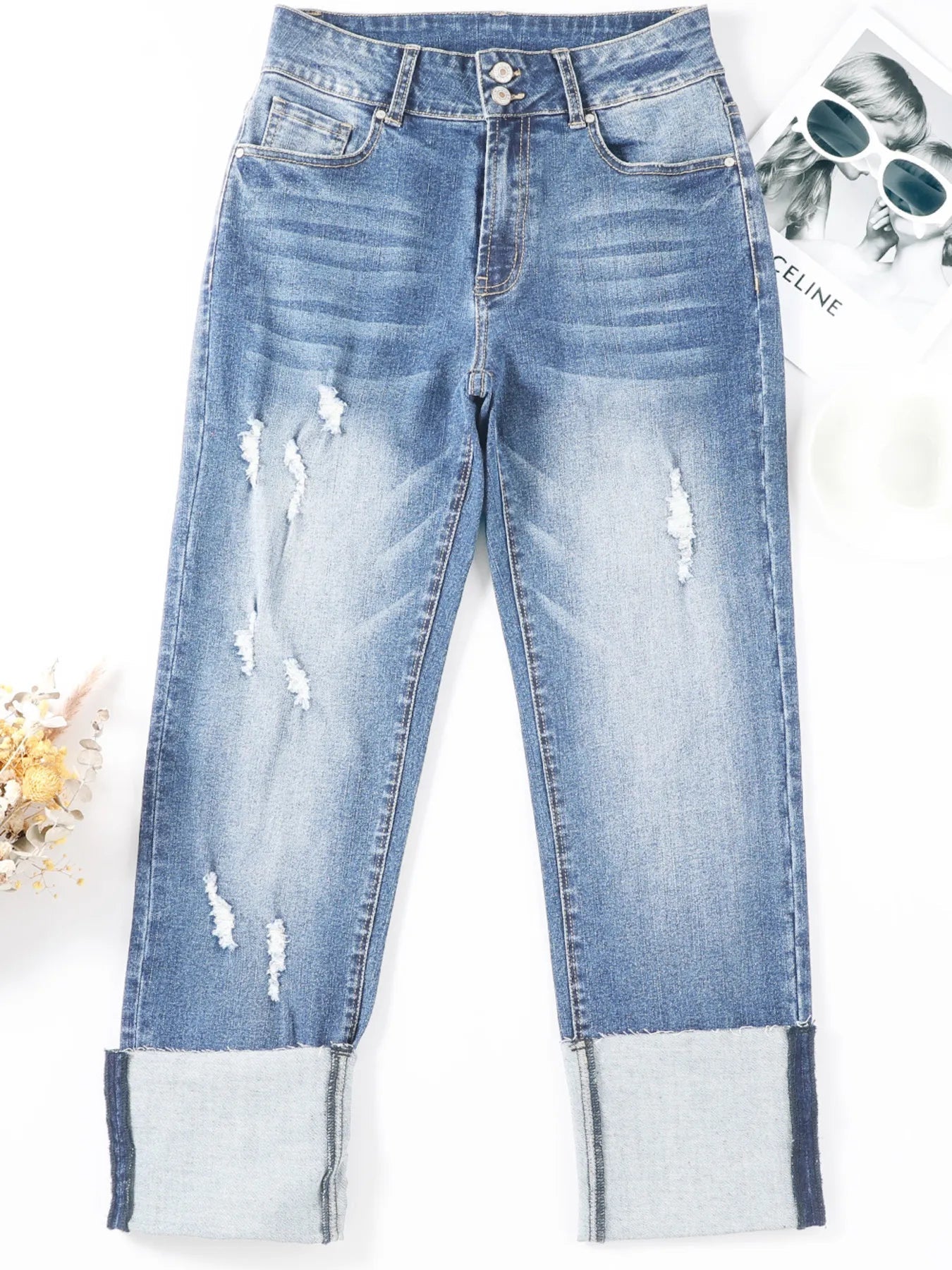 High Waist Distressed Straight Leg Jeans designed for comfort and style at Lookzlike