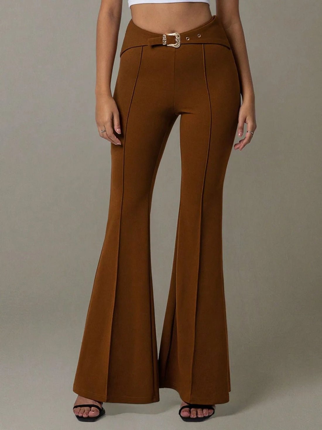 High Waist Flare Pants with Buckle Belt - Lookzlike