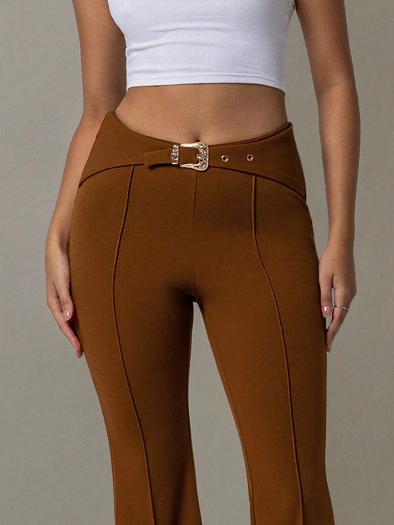High Waist Flare Pants with Buckle Belt - Lookzlike