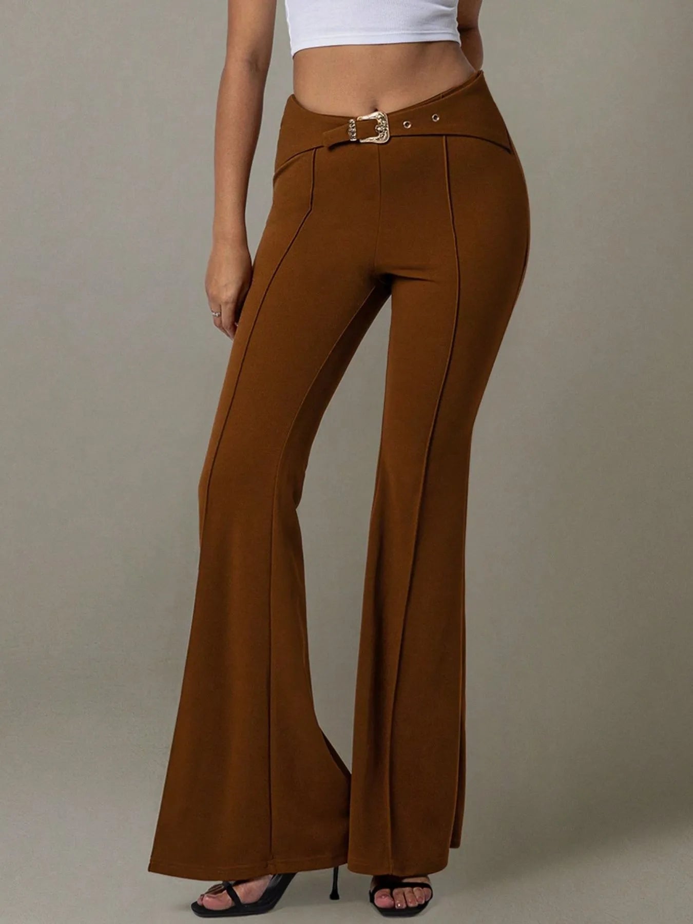 High Waist Flare Pants with Buckle Belt - Lookzlike