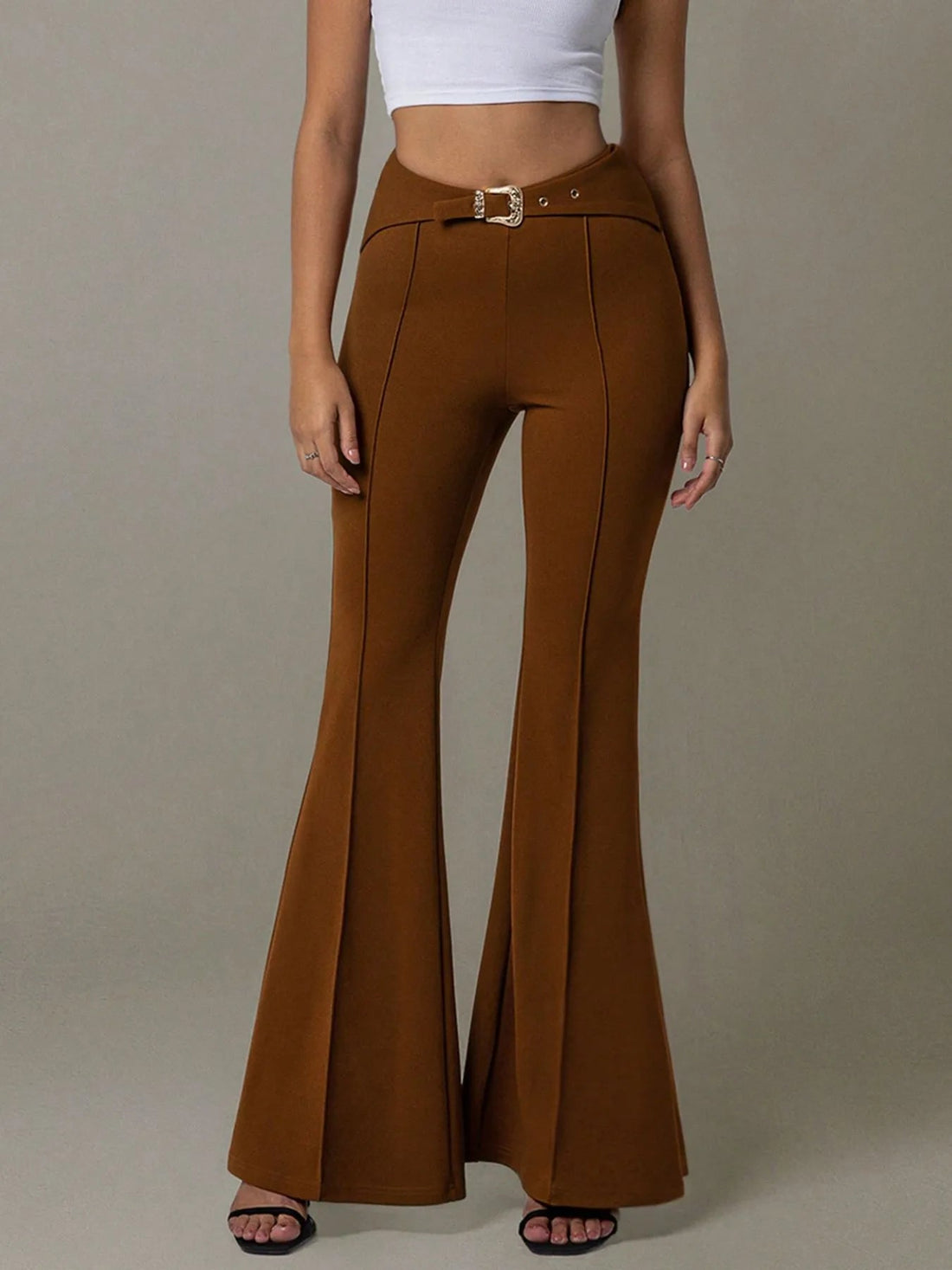 High Waist Flare Pants with Buckle Belt - Lookzlike