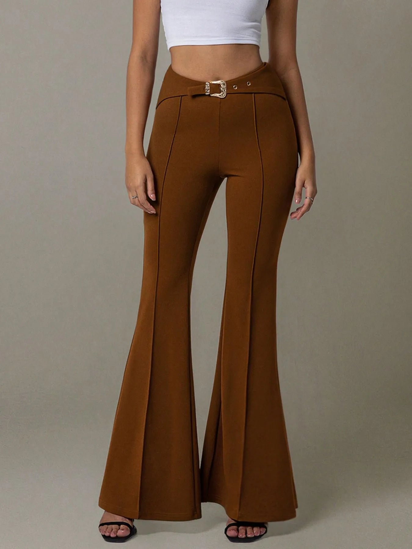 High Waist Flare Pants with Buckle Belt - Lookzlike