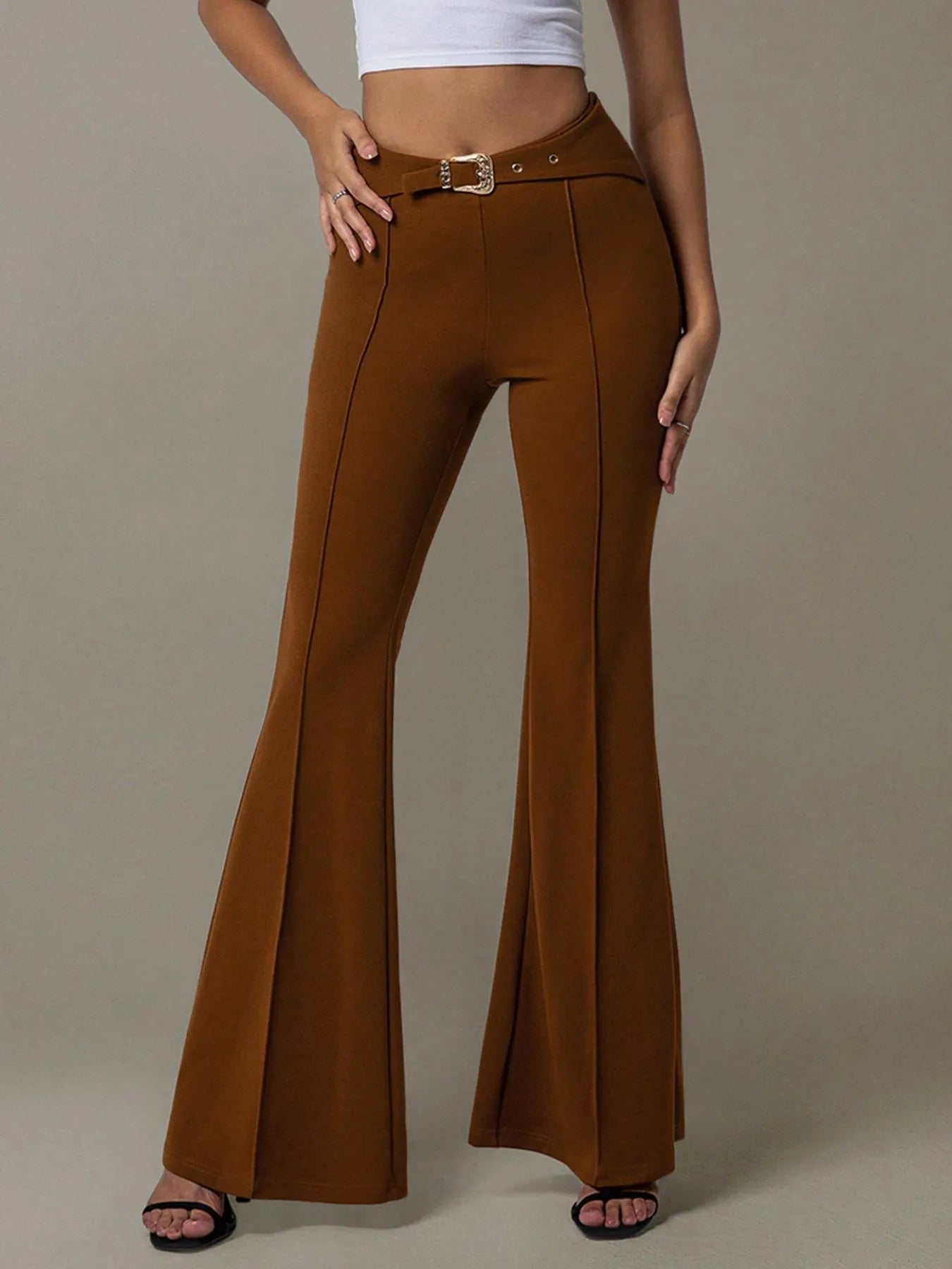 High Waist Flare Pants with Buckle Belt - Lookzlike