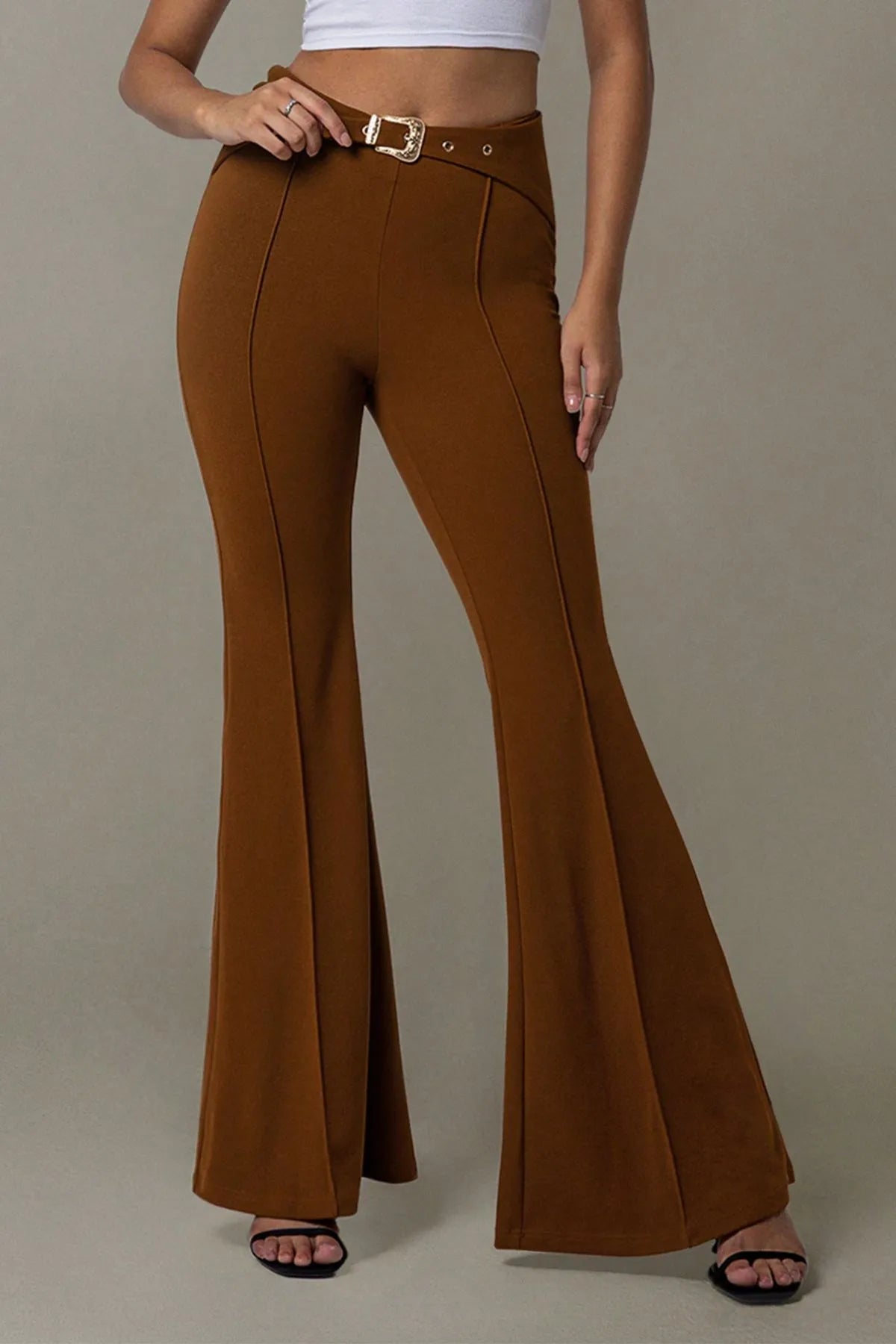 High Waist Flare Pants with Buckle Belt - Lookzlike