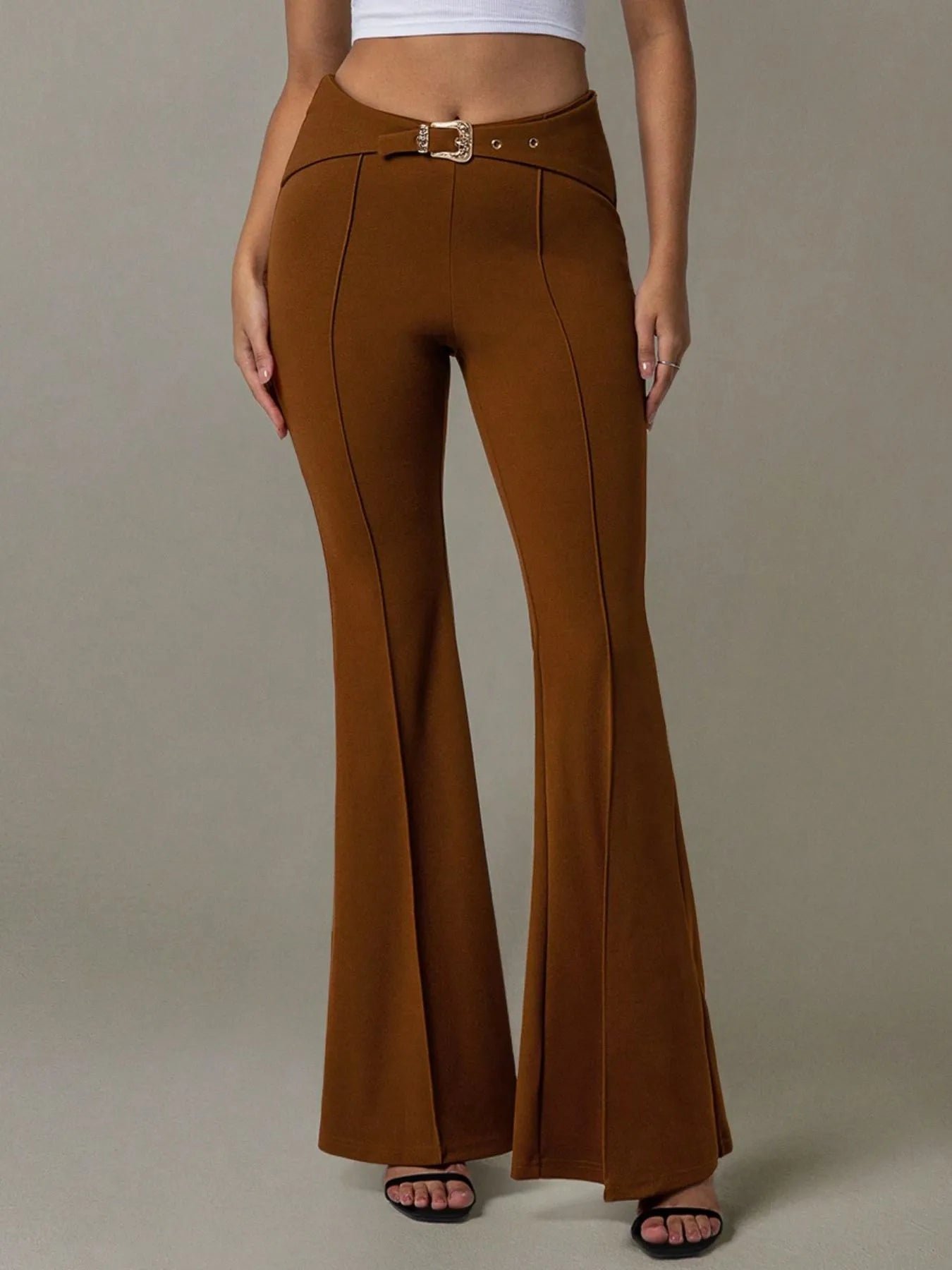 High Waist Flare Pants with Buckle Belt - Lookzlike