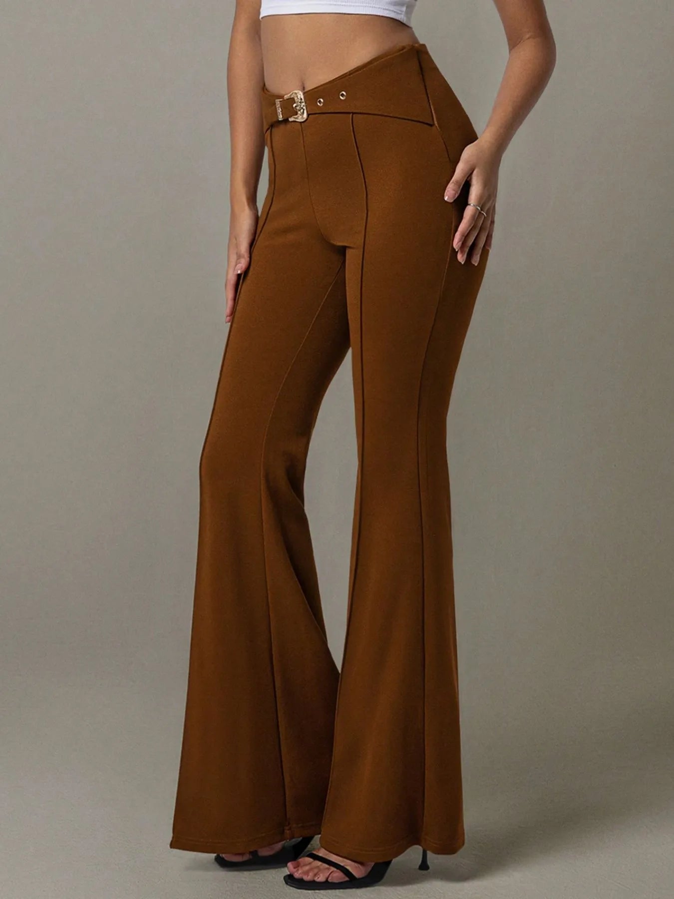 High Waist Flare Pants with Buckle Belt - Lookzlike