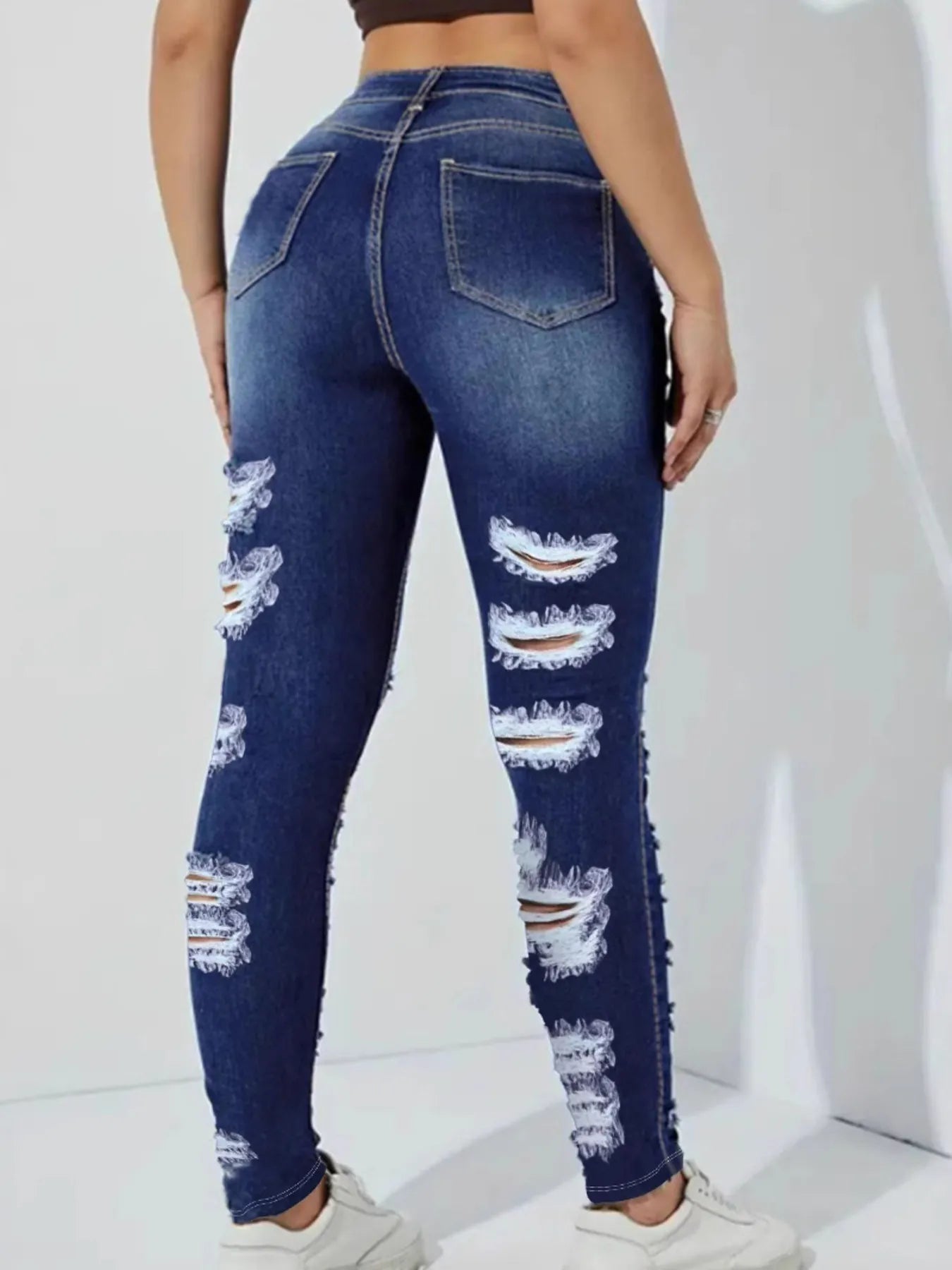 High Waisted Distressed Skinny Jeans - Lookzlike