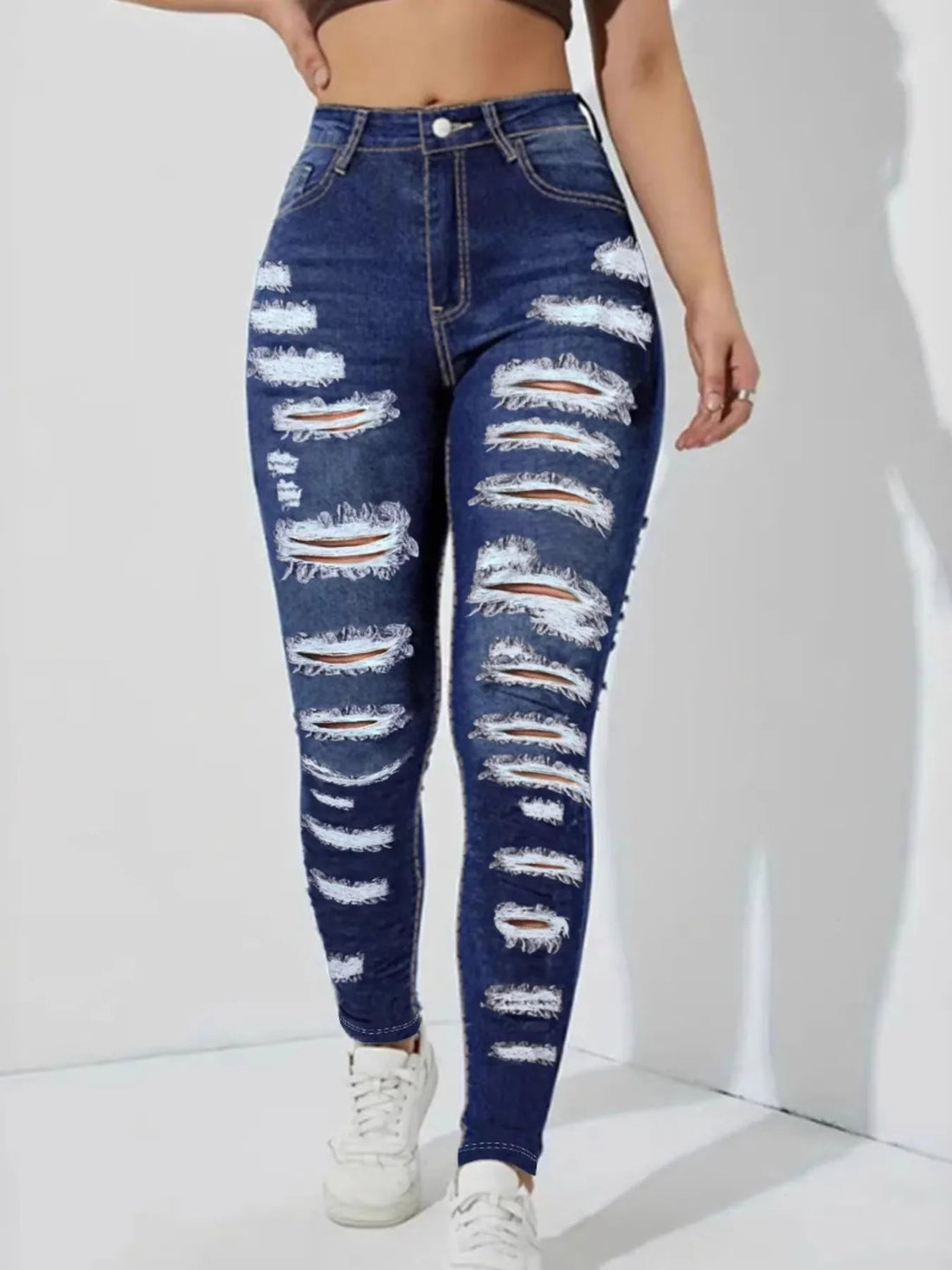 High Waisted Distressed Skinny Jeans - Lookzlike