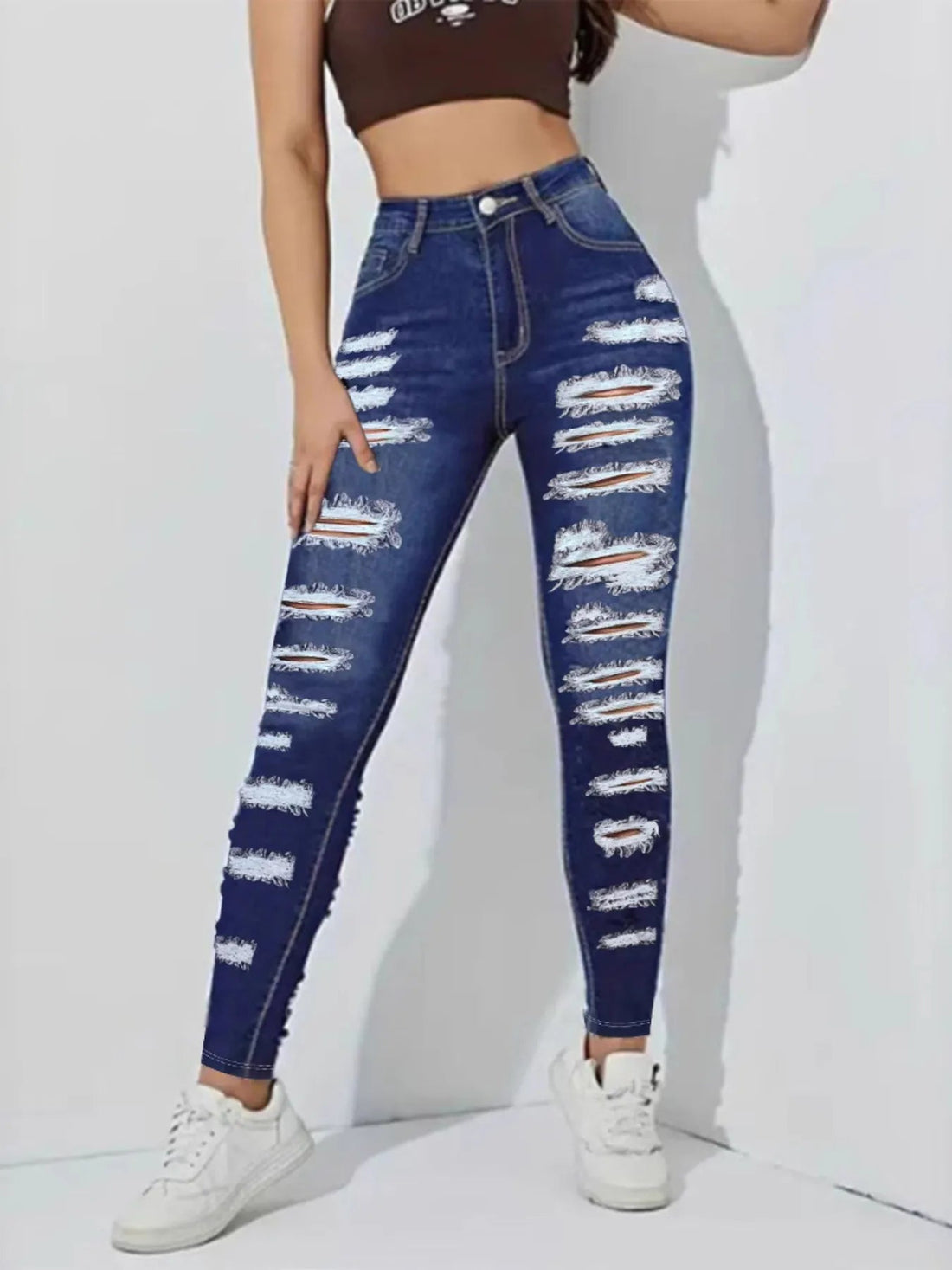 High Waisted Distressed Skinny Jeans - Lookzlike