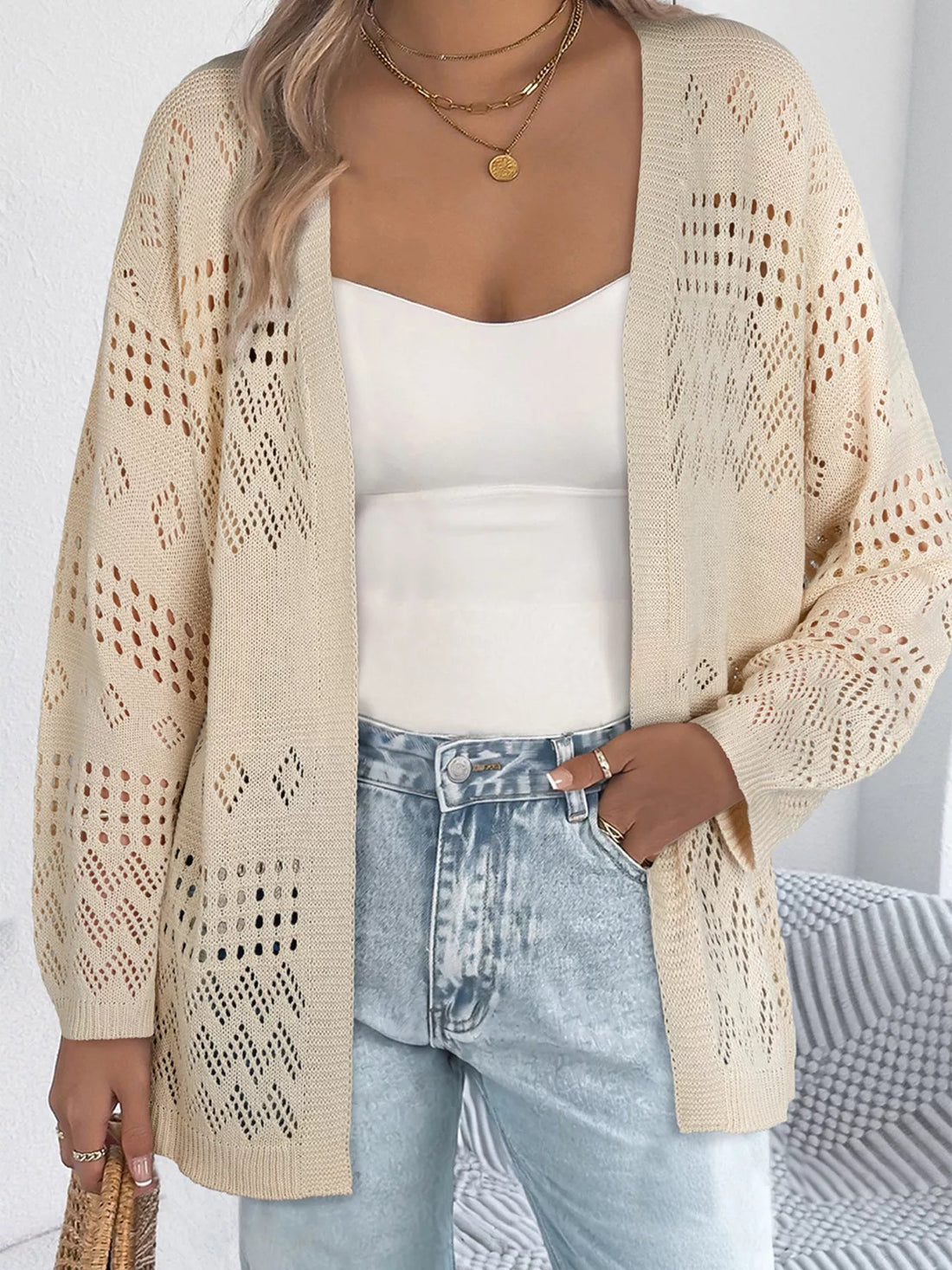 Hollowed Knit Open Front Cardigan designed for comfort and style at Lookzlike