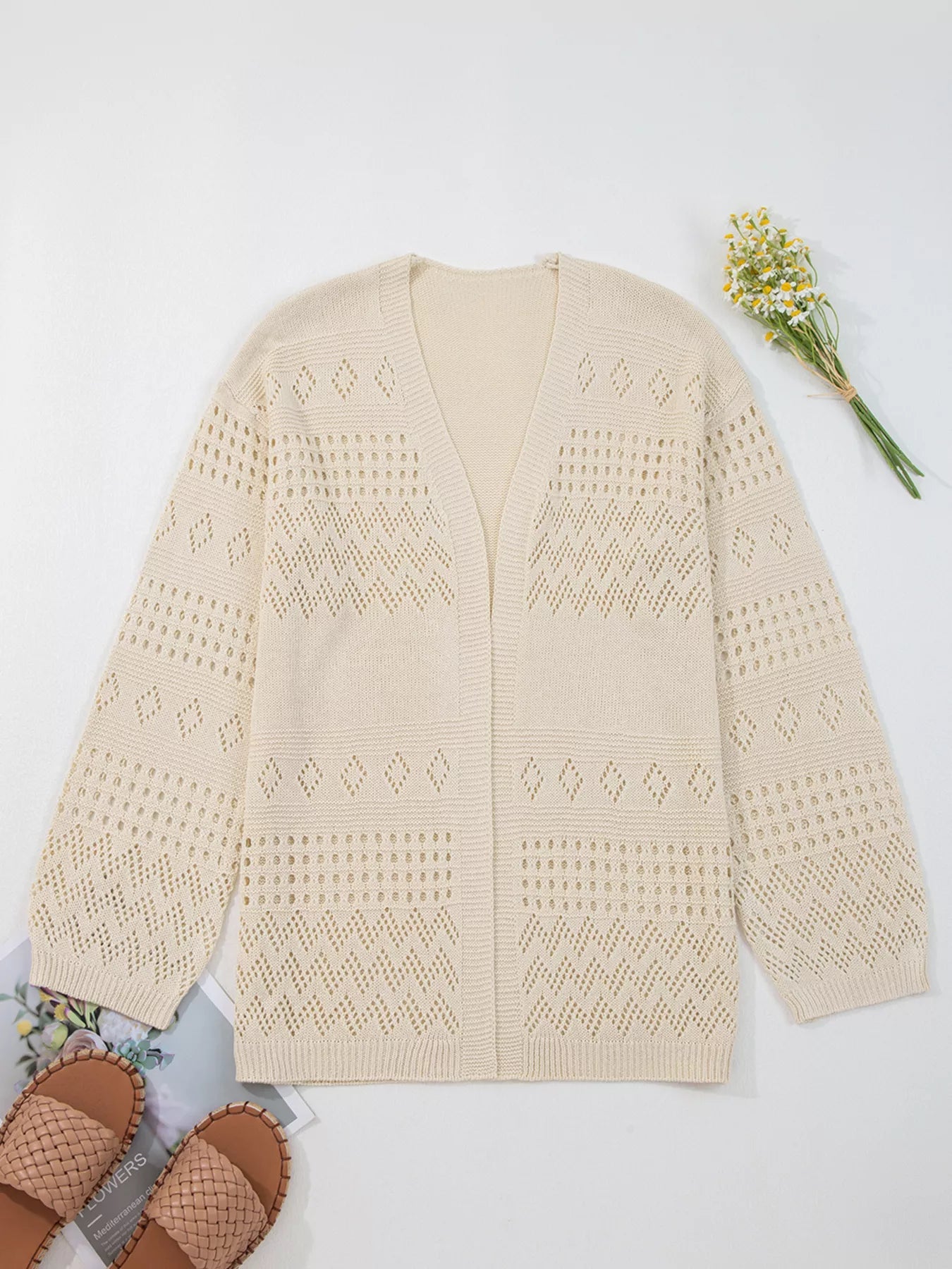 Hollowed Knit Open Front Cardigan designed for comfort and style at Lookzlike