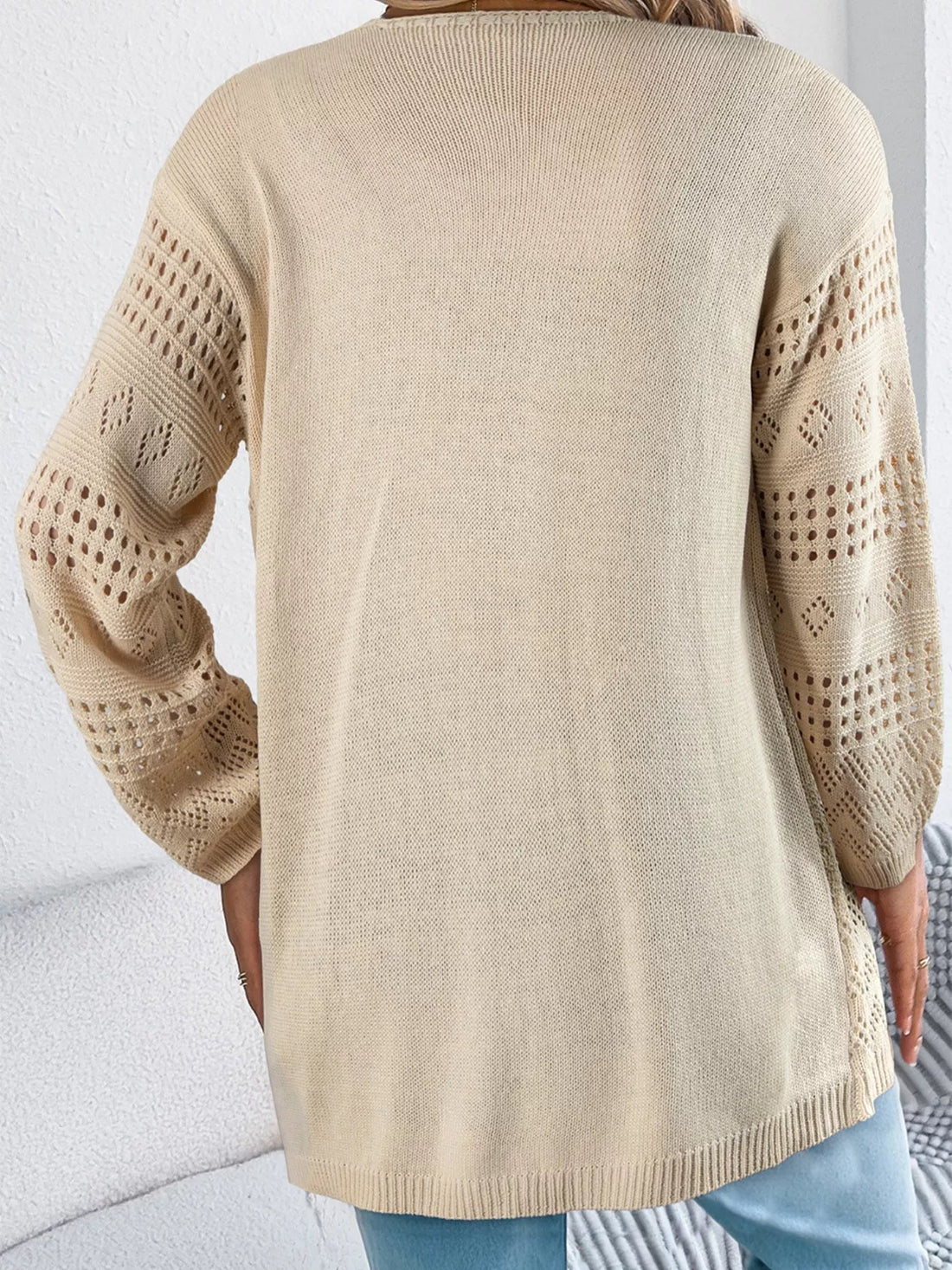 Hollowed Knit Open Front Cardigan designed for comfort and style at Lookzlike
