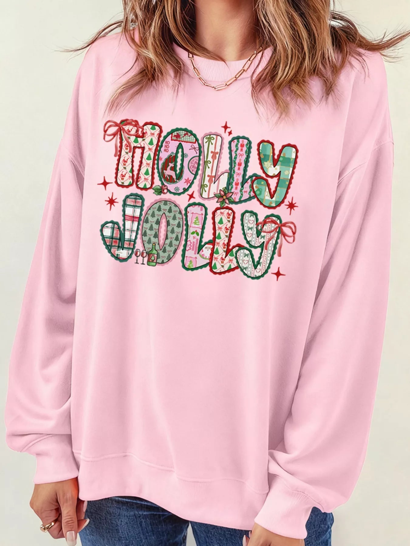 HOLLY JOLLY Cute Holiday Graphic Sweatshirt designed for comfort and style at Lookzlike