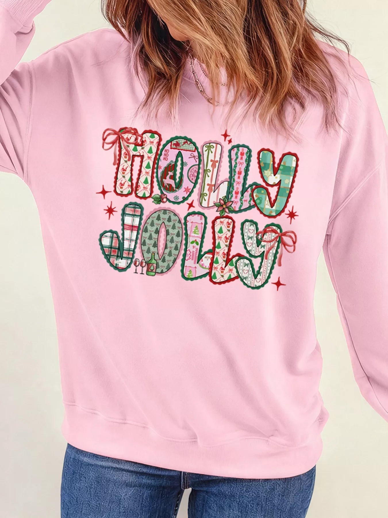 HOLLY JOLLY Cute Holiday Graphic Sweatshirt designed for comfort and style at Lookzlike